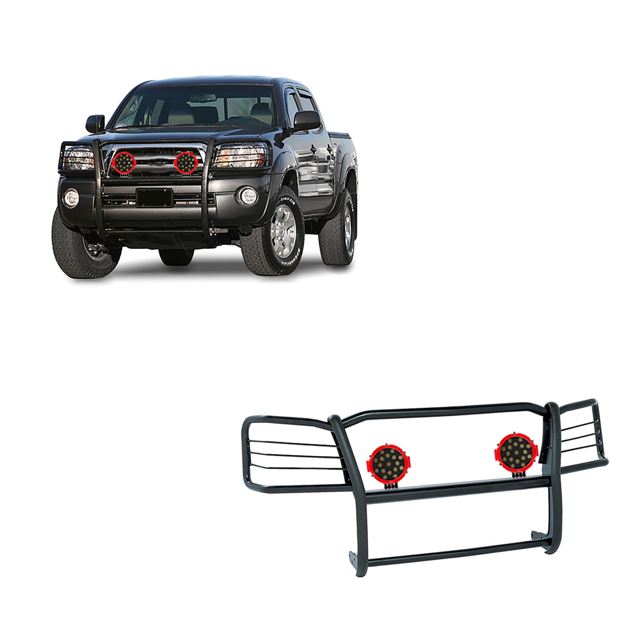 Bumper Guard Modular Black Black Horse Grille brush Come With pair of 7.0"Dia.LED Lights with Red Trim Rings Compatible with 2005-2015 Toyota Tacoma-17A096400MA-PLR