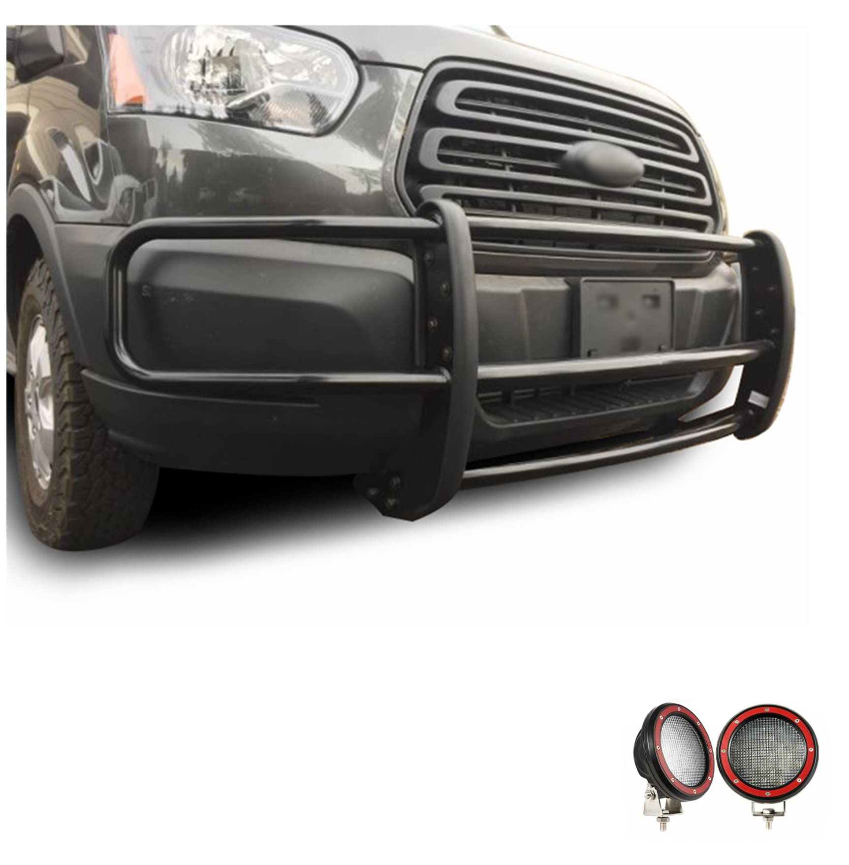 Spartan Black Horse Grille Brush Bumper Guard Modular Come with Pair of 5.3" LED Lights Compatible with 2015-2019 Transit-150|2015-2019 Transit-250|2015-2019 Transit-350-17FOTRMA-PLFR