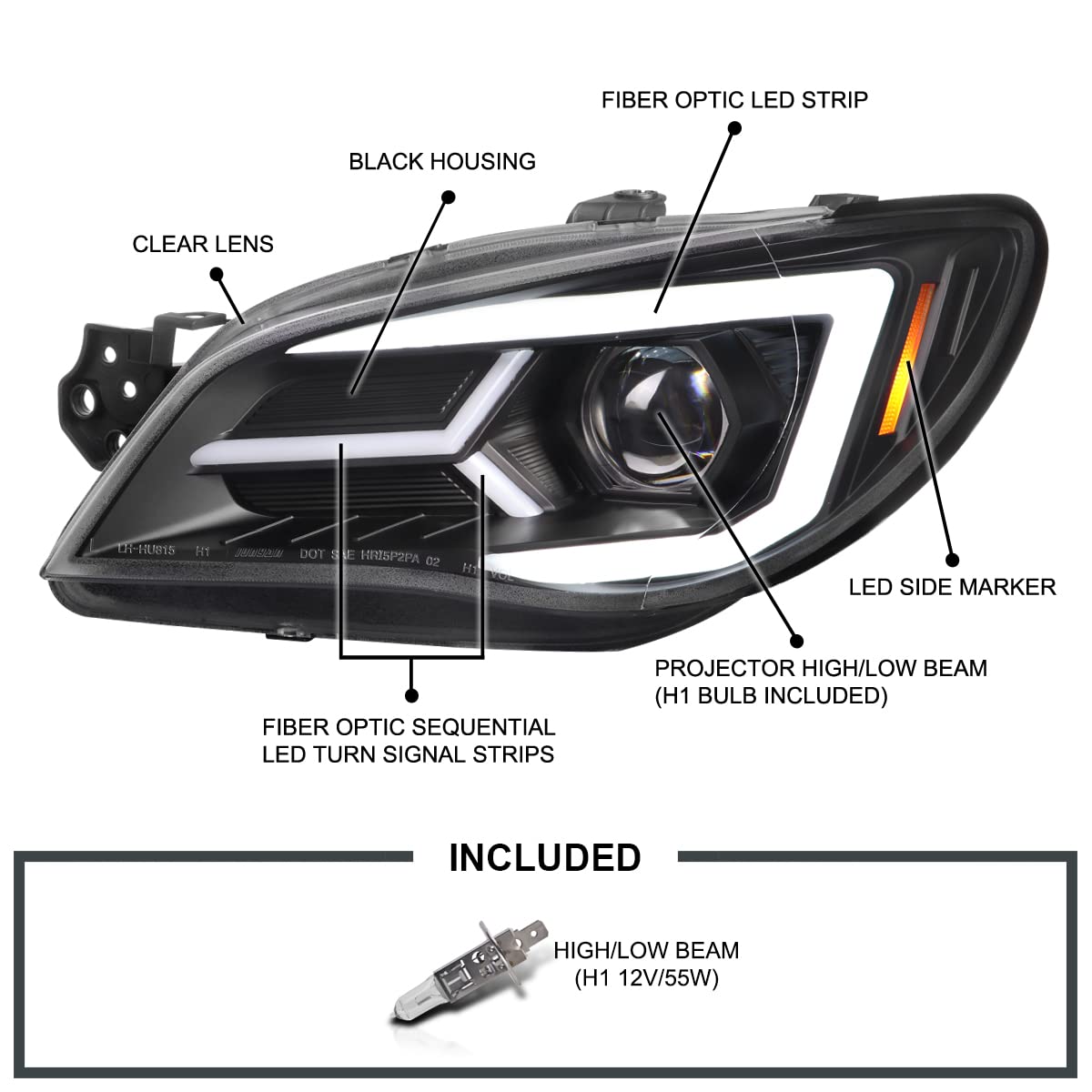 Black SPEC-D TUNING Projector Headlights w/Sequential LED Turn Signal Compatible with 2006-2007 Subaru Impreza WRX/STI Models Only, Left + Right Pair Headlamp Assembly