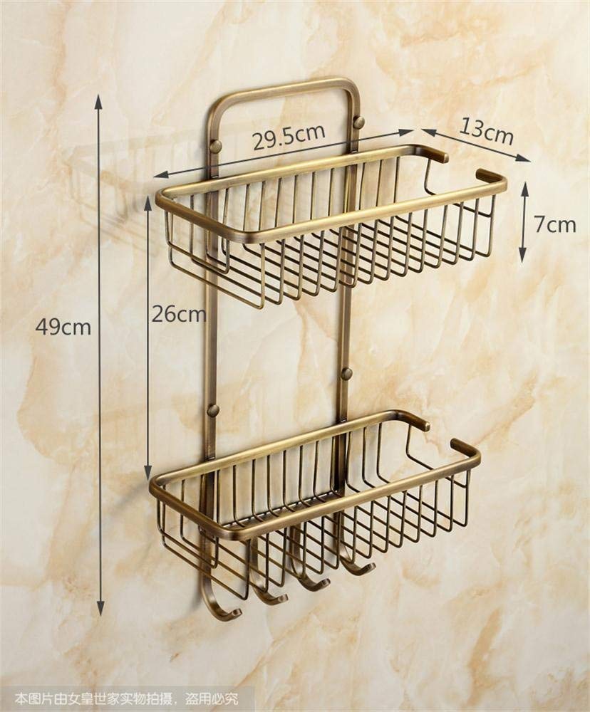Antique doubledeck basket bathroom shelf/Corner Shelf BTBT, brass, wallmounted, drawing process，29.5 * 13 * 49cm Bathroom Shelf