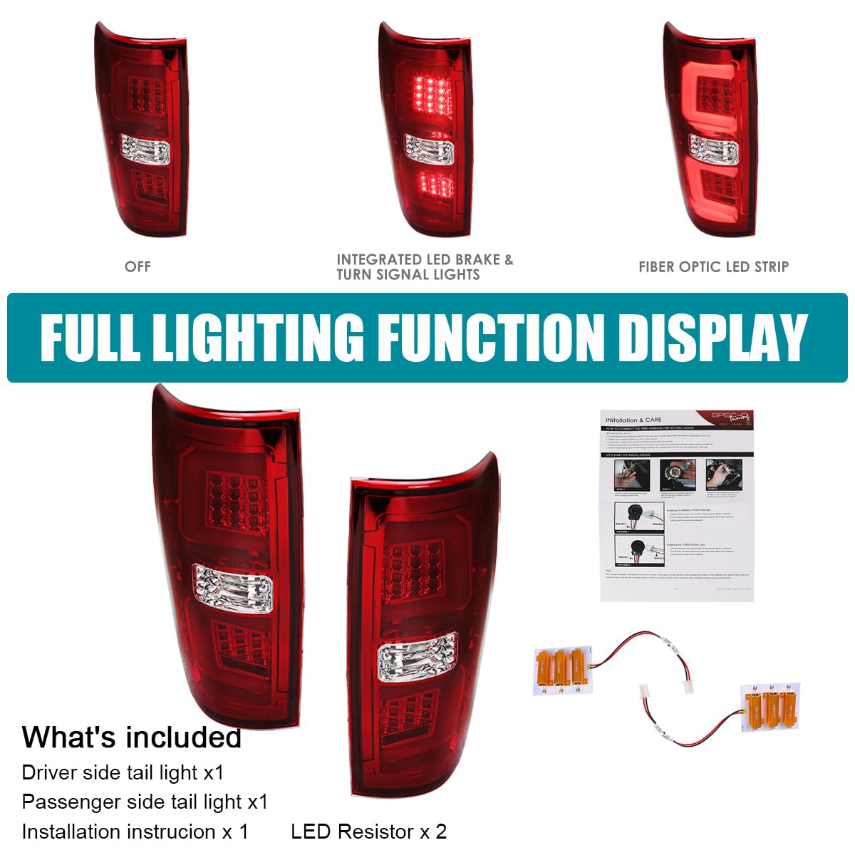 Red SPEC-D TUNING Tail Lights w/LED Bar Compatible with 2009-2014 Ford F150, Left + Right Pair Assembly