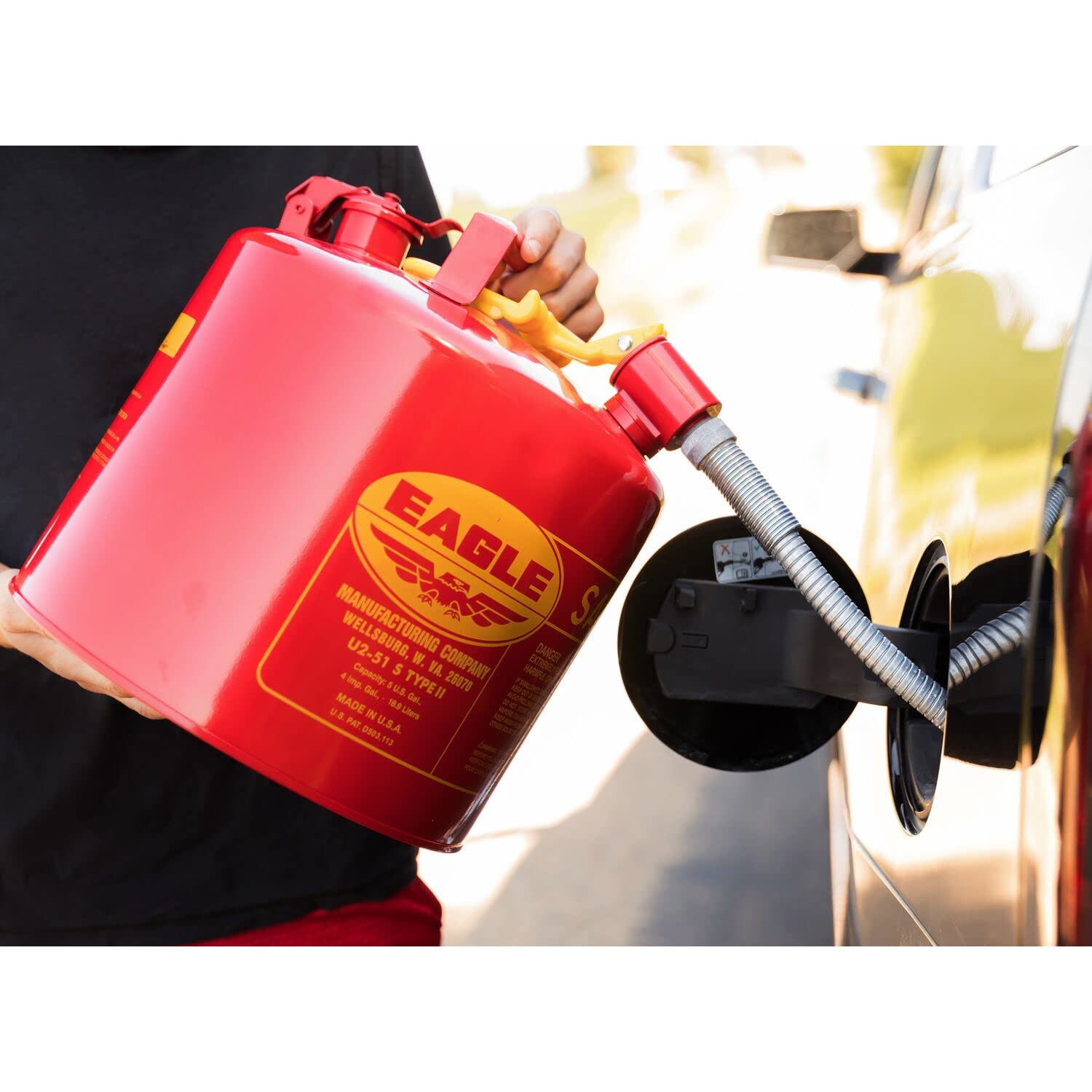 Eagle 5 Gallon Red Type II Safety Gas Can for Gasoline with Flame Arrester, Self-Closing Lid, and 12" x 7/8" Flexible Metal Hose, Made in the USA, Galvanized Steel Flammable Storage Can, U251S
