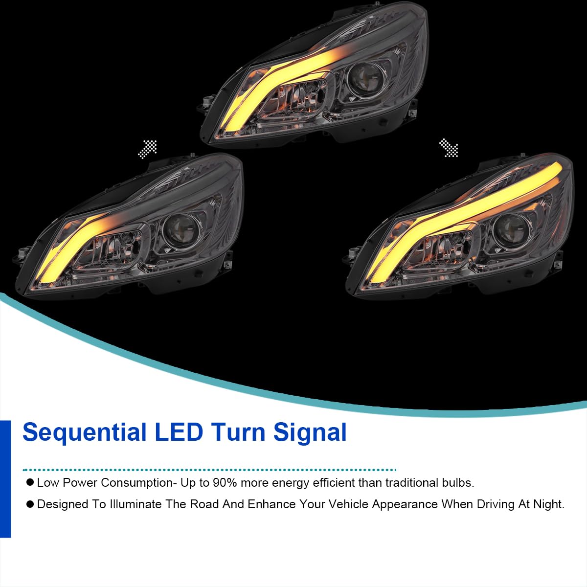 Switchback SPEC-D TUNING Chrome Sequential LED Tube Projector Headlights Compatible with 2012-2014 Mercedes-Benz W204 C-Class C250 C300 C350 C63, Left + Right Pair Headlamps Assembly