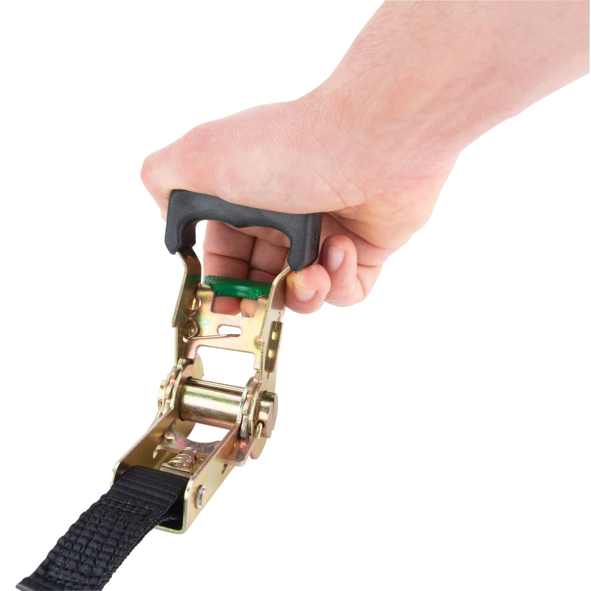 1-in X 14-ft Performance Tool W1856 Ratcheting Tie Down Strap: 1000 lb Load Limit, 3000 lb Break Strength, Strong Poly Webbing, Padded Comfort Ratchet Handle, Vinyl Hooks, Heavy Duty, Black