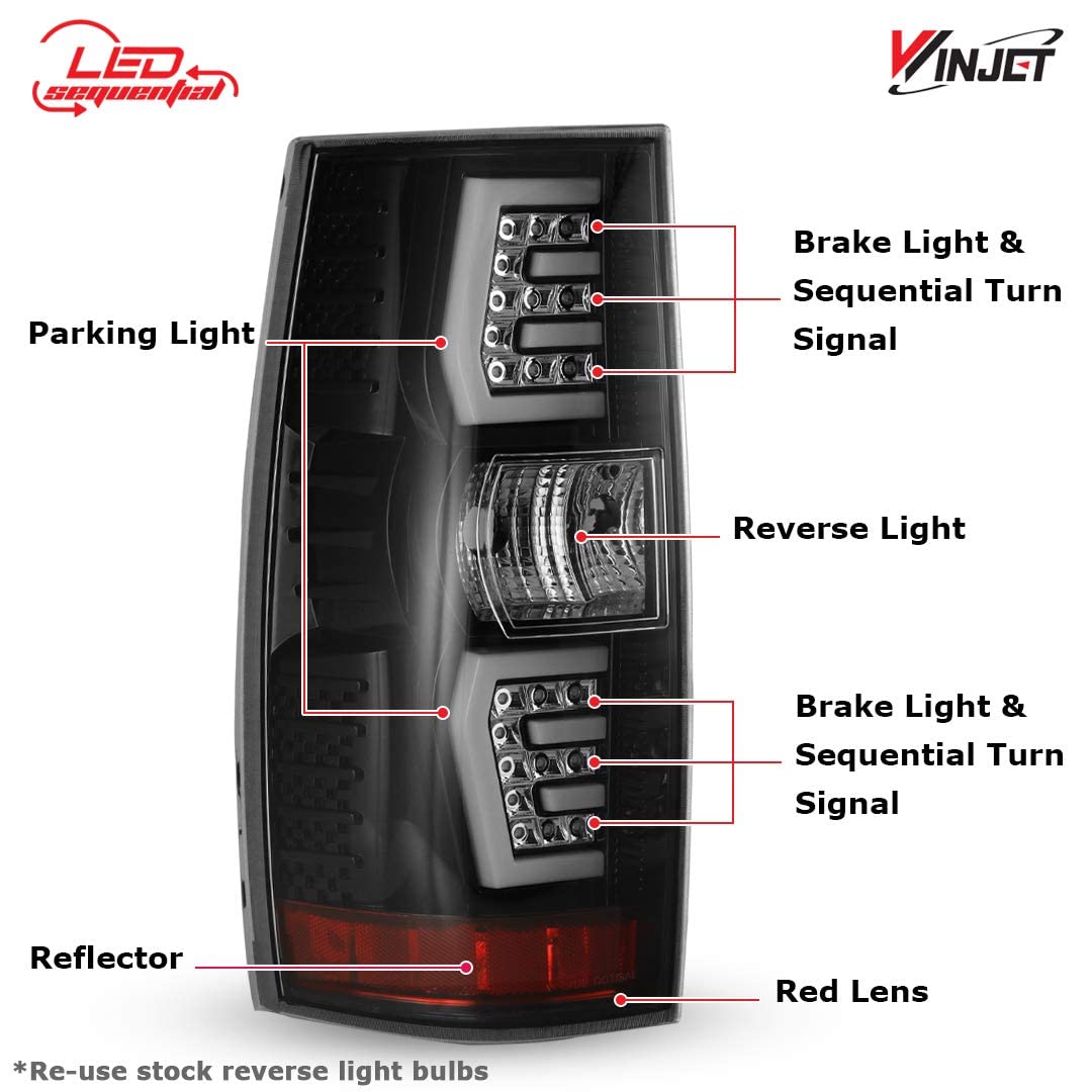 Winjet LED Sequential Tail Lights Compatible with [2007-2013 Chevy Suburban Tahoe Yukon] Rear Lamps (Clear)