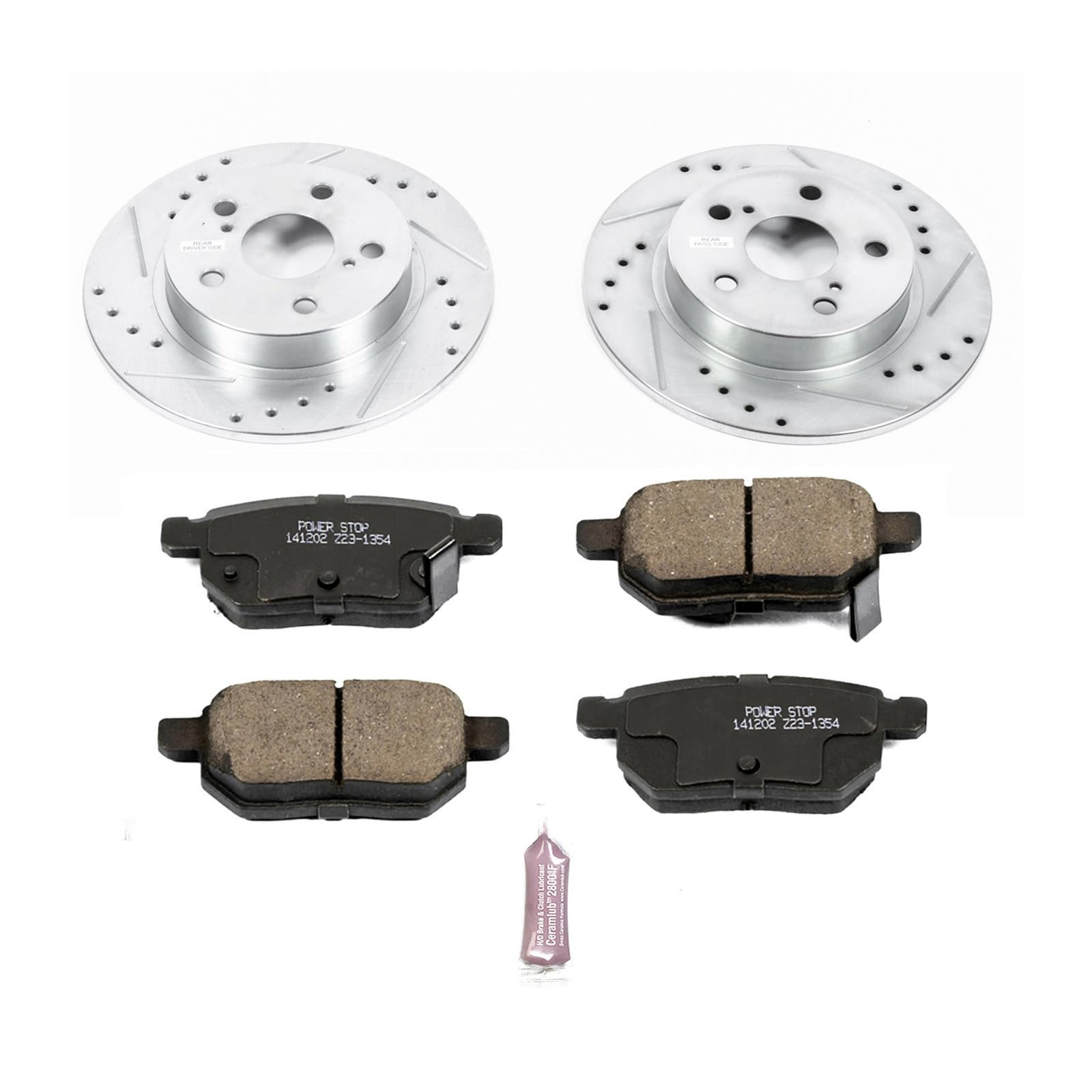 Power Stop K6097 Rear Brake Pads Z23 Carbon Fiber with Drilled & Slotted Brake Rotors Kit For Scion tC 2011-2016 [Model Specific]