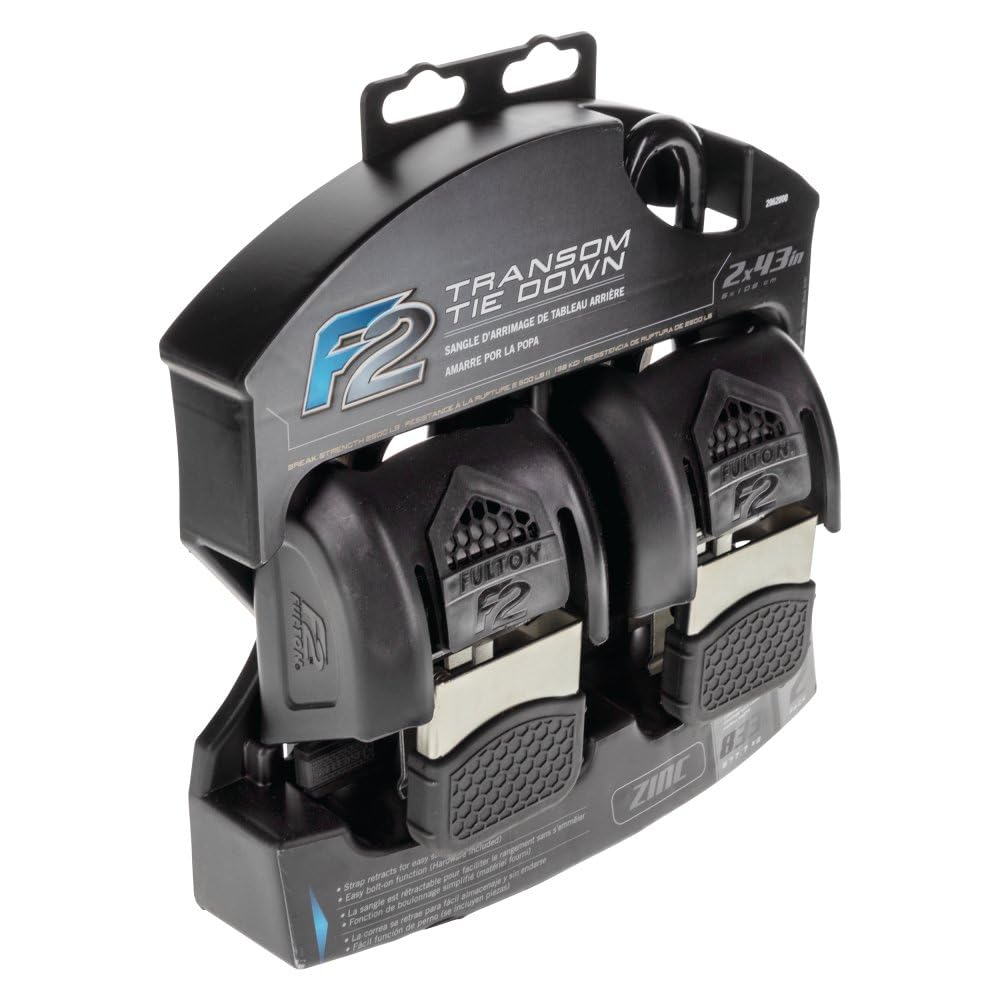 Fulton F2 Retractable Boat Transom Tie Down Straps (Pair of 2), 2 x 43 Inches Ratchet Tie Down Straps, 833 lbs. Capacity, 2,500 lbs. Break Strength.