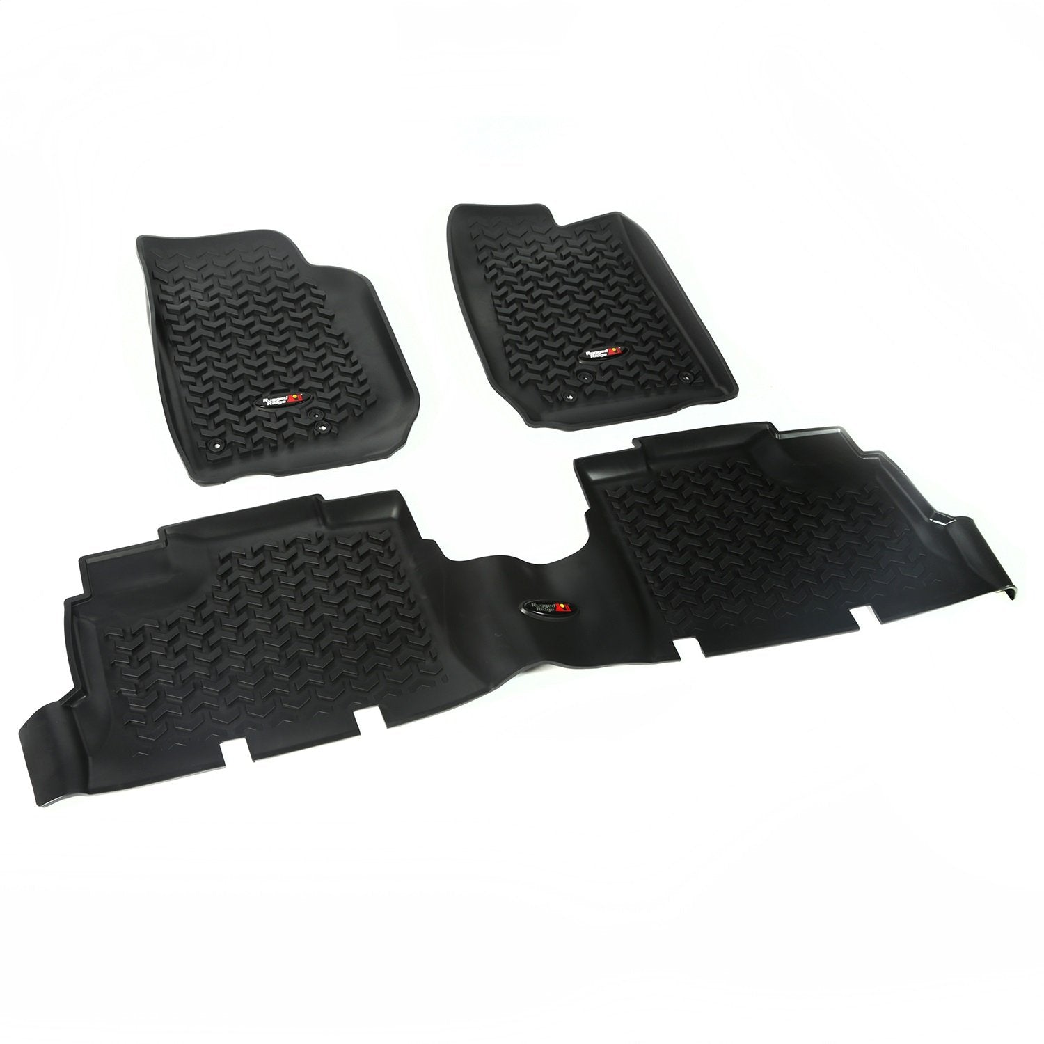 Floor Liner Set Rugged Ridge for Jeep Wrangler JKU | Front & Rear, 3-Piece Set, Black | 12987.04 | Fits 2007-2018 Jeep Wrangler JKU 4-Door
