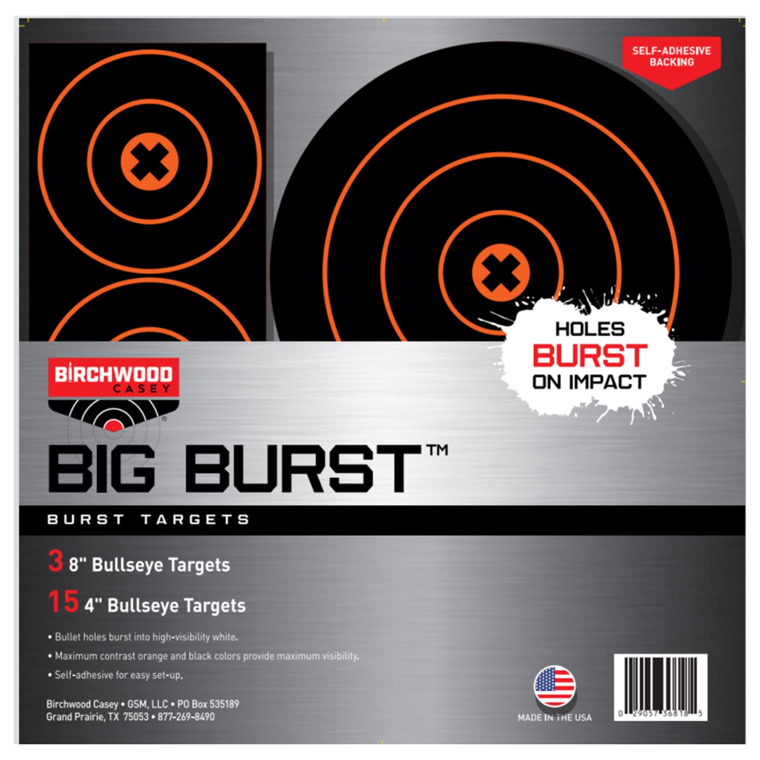 Birchwood Casey Always Flat Big Burst Bull's Eye Adhesive Back Shooting Training Reactive Targets | Pack of 3 Sheets | 8" & 4" Targets (6 Targets per Sheet)
