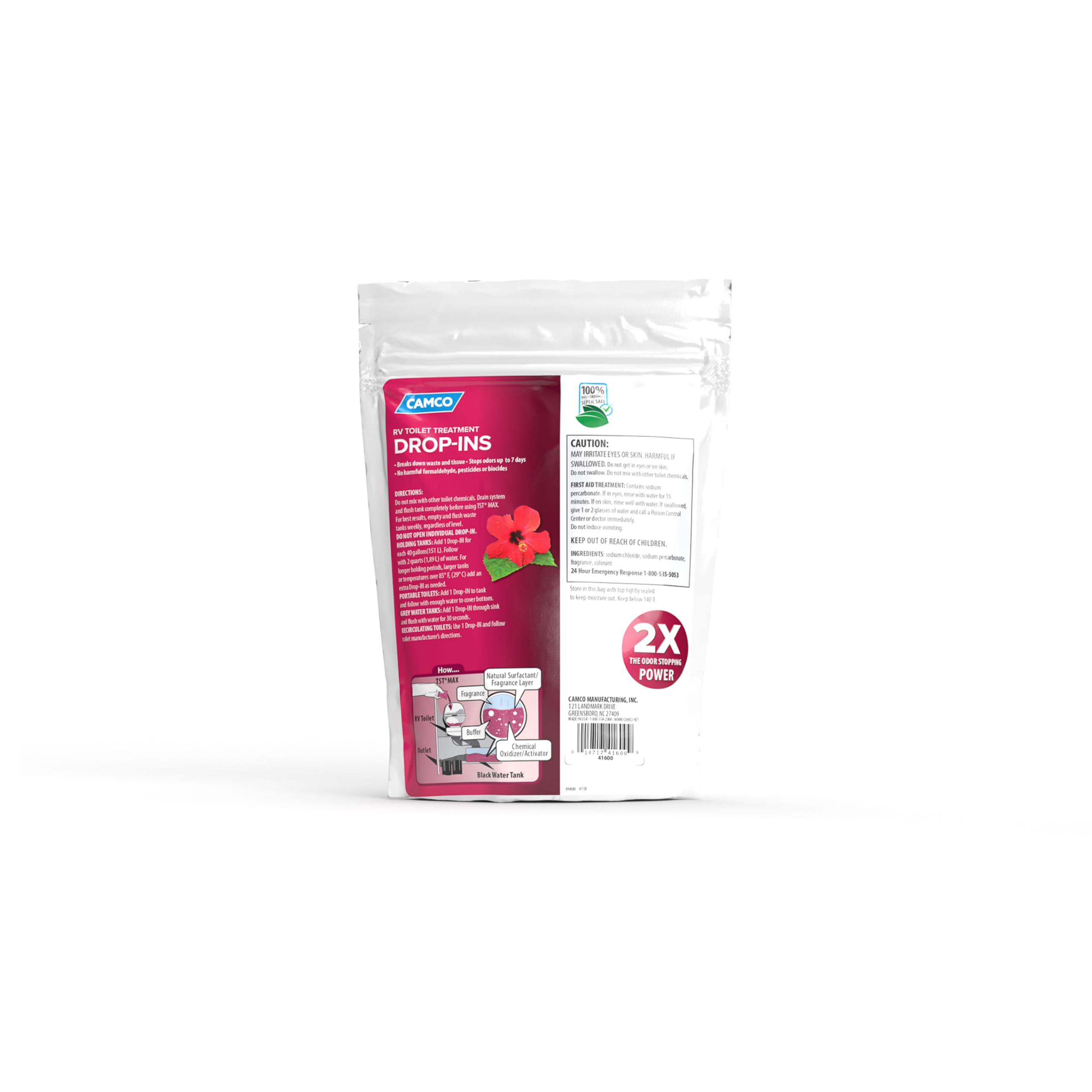 Camco TST MAX Drop-INs RV Toilet Treatment - Control Unwanted Odors & Break Down Waste and Tissue - Safe Septic Tank Treatment - Hibiscus Breeze Scent, 15-Pack (41600)