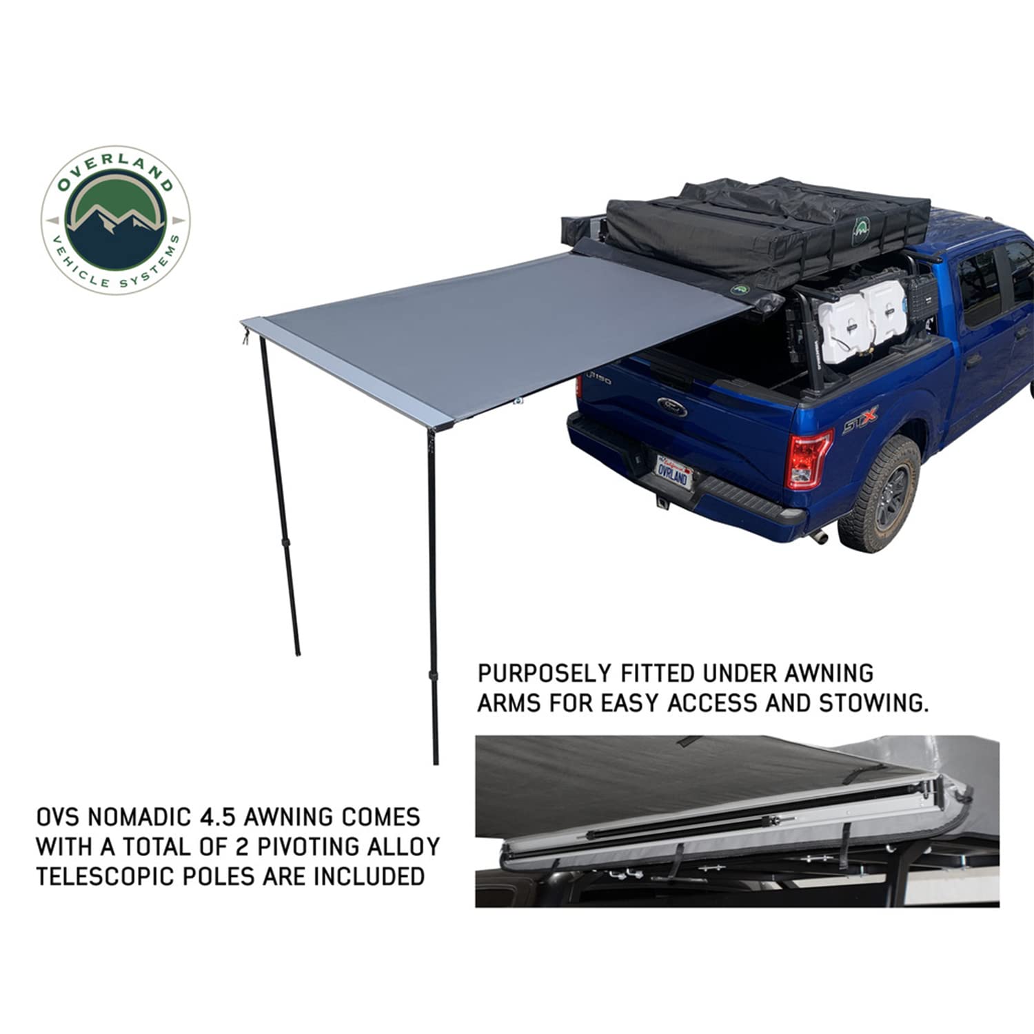 HD Nomadic 1.3 - Overland Vehicle Systems Awning, 4.5' Long, Grey Body, Green Trim & Black Travel Cover