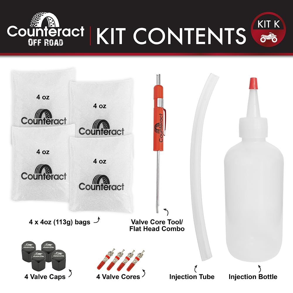 Counteract KIT-K Tire/Wheel Do It Yourself Balancing Beads ATV/UTV Kit - (4) 4oz Applications, (4) Valve Caps and Cores, (1) Core Remover, Injector Bottle