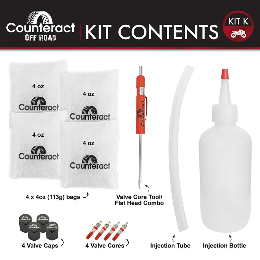 Counteract KIT-K Tire/Wheel Do It Yourself Balancing Beads ATV/UTV Kit - (4) 4oz Applications, (4) Valve Caps and Cores, (1) Core Remover, Injector Bottle