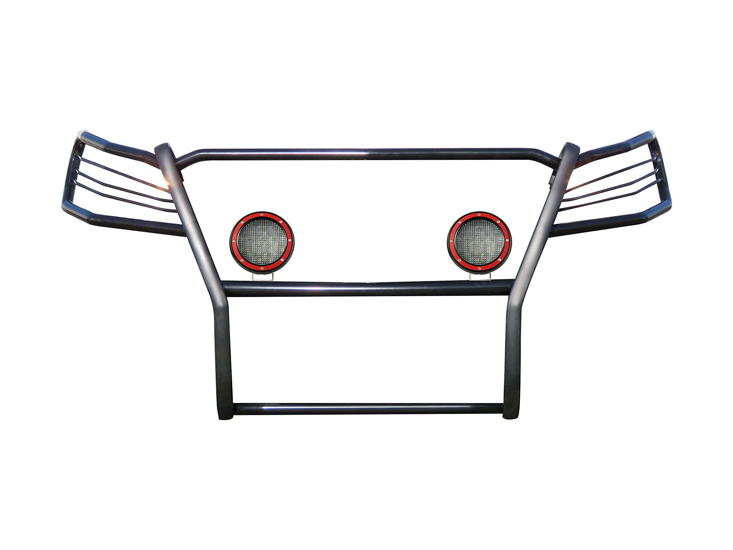 Bumper Guard Black Horse Grille Brush Modular Black Come with Pair of 5.3" Dia.LED Lights with Red Trim Rings Compatible with 2019-2023 Ford Ranger-17FP10MA-PLFR