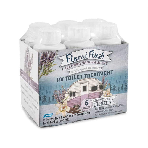 Floral Flush Camco 41480 RV Toilet Treatment Singles, Lavender Vanilla Scent - Eliminates Odors and Breaks Down Waste - Each Bottle Treats Up to 40-gallons - Contains (6) 4 oz. Bottles