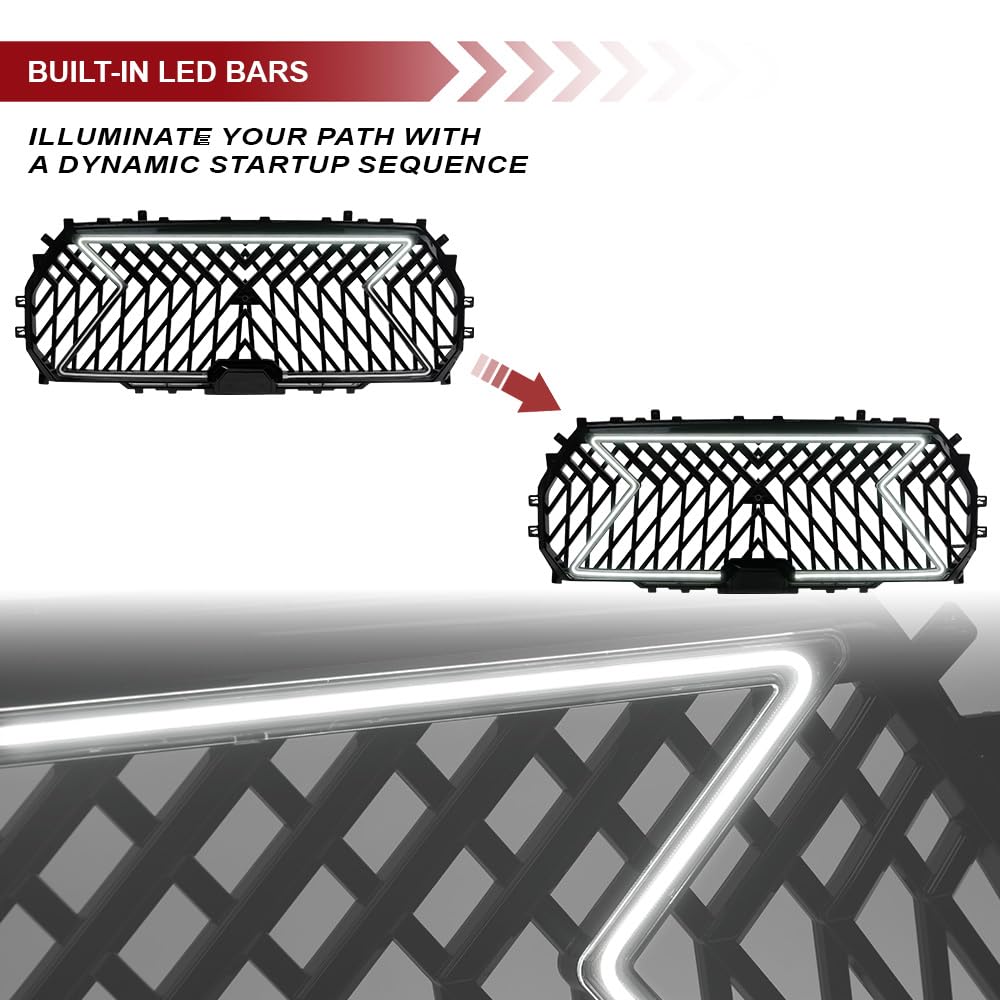 LED Front Grille Armordillo LEX Style|Compatible With 2022-2024 Toyota Tundra|8735008|ABS Plastic|Gloss Black|Front Hood Bumper Grille With Light Bar