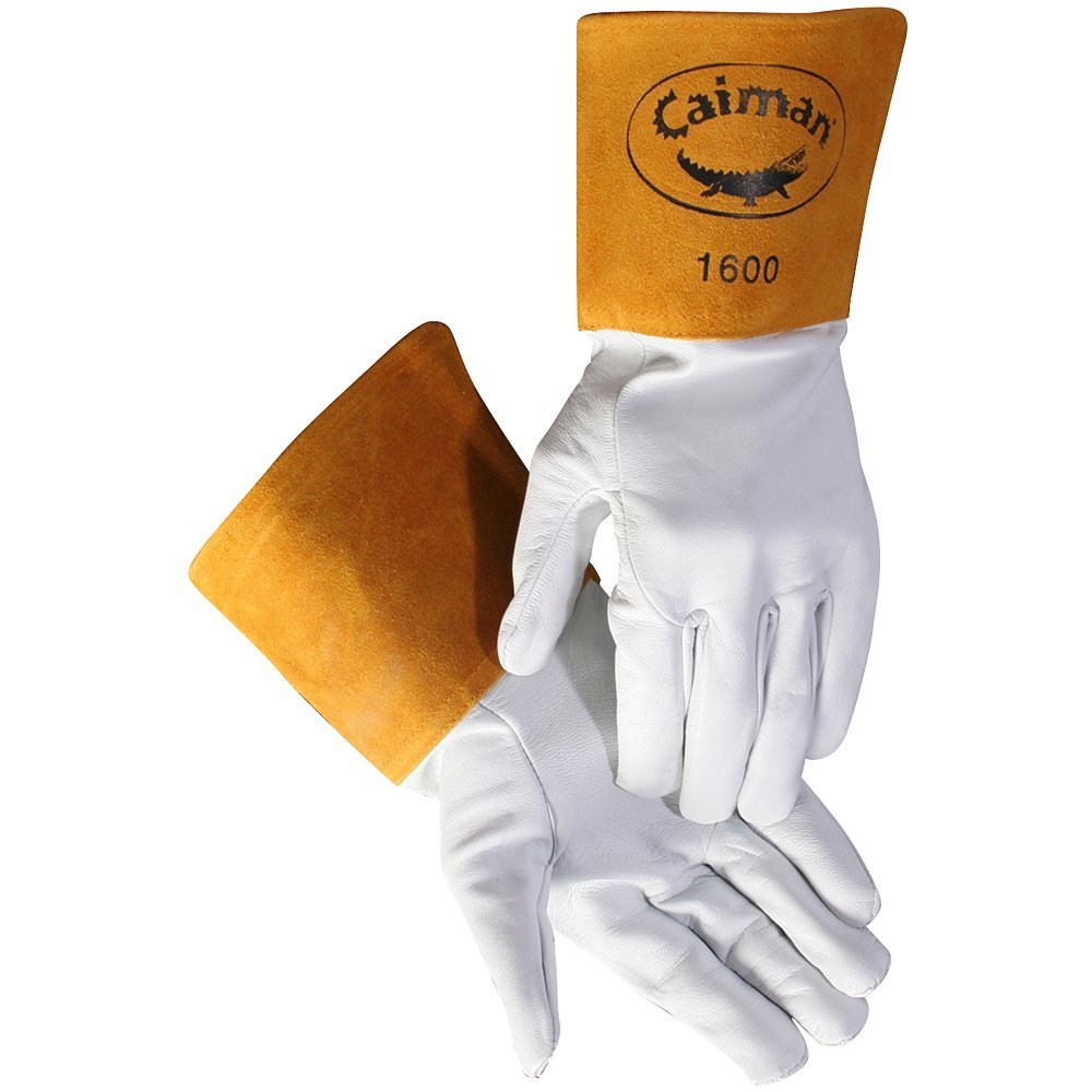 Caiman Goat Grain Premium TIG Welding Gloves, 4-Inch Gold Extended Cuff, Unlined, White/Gold, Small (1600-3)