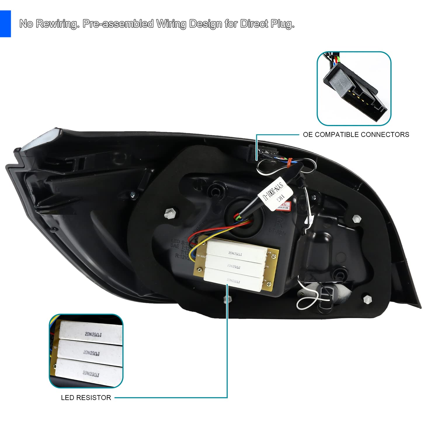 Spec-D Tuning Tail Lights Black w/Red LED Bar Compatible with 2004-2007 BMW E60 5-Series 4 Door, Left + Right Pair Assembly