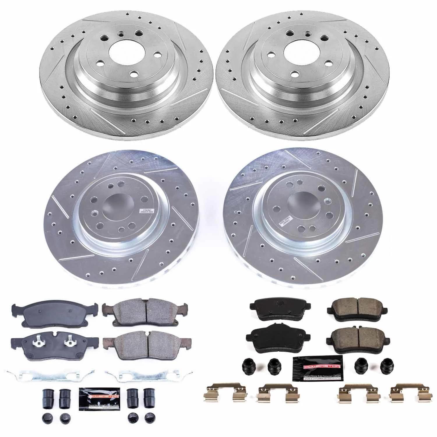 Power Stop K8115 Z23 Carbon Fiber Brake Pads Front and Rear with Drilled & Slotted Brake Rotors Kit For Mercedes-Benz GLE350 2018 [Model Specific]