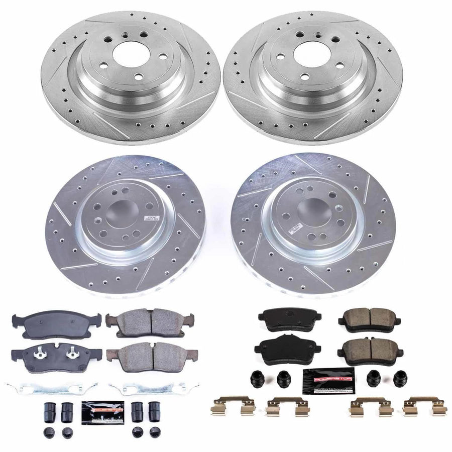 Power Stop K8115 Z23 Carbon Fiber Brake Pads Front and Rear with Drilled & Slotted Brake Rotors Kit For Mercedes-Benz GLE350 2018 [Model Specific]