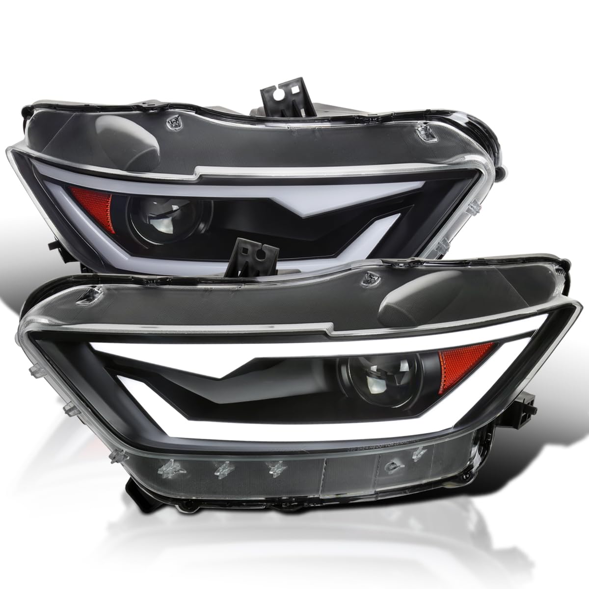 Black SPEC-D TUNING Projector Headlights w/LED Bar and Startup Animation Compatible with 2015-2017 Ford Mustang, 2018-2020 Ford Mustang Shelby, Left + Right Pair Headlamps Assembly