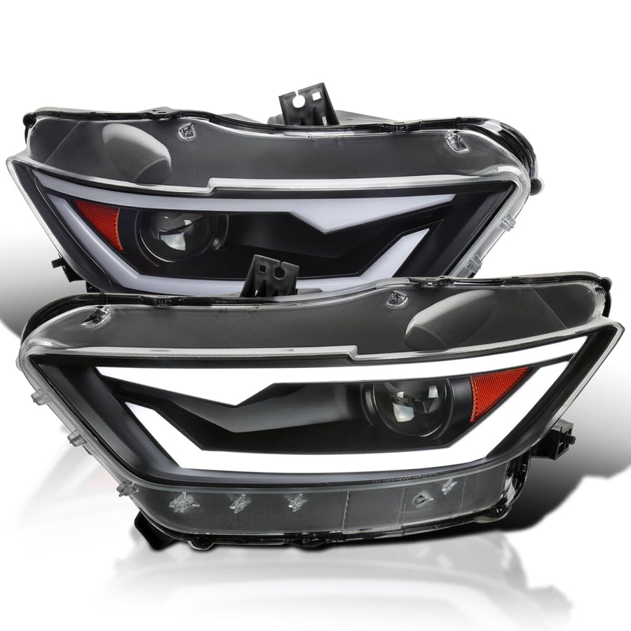 Black SPEC-D TUNING Projector Headlights w/LED Bar and Startup Animation Compatible with 2015-2017 Ford Mustang, 2018-2020 Ford Mustang Shelby, Left + Right Pair Headlamps Assembly