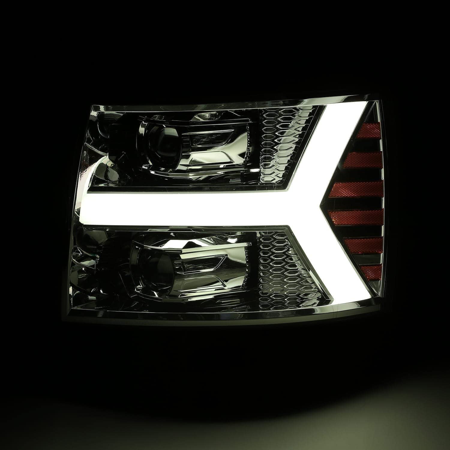 07-13 Chevy 1500 AlphaRex LUXX LED Proj Headlights Plank Design Chrome w/Activ Light/Seq Signal/DRL