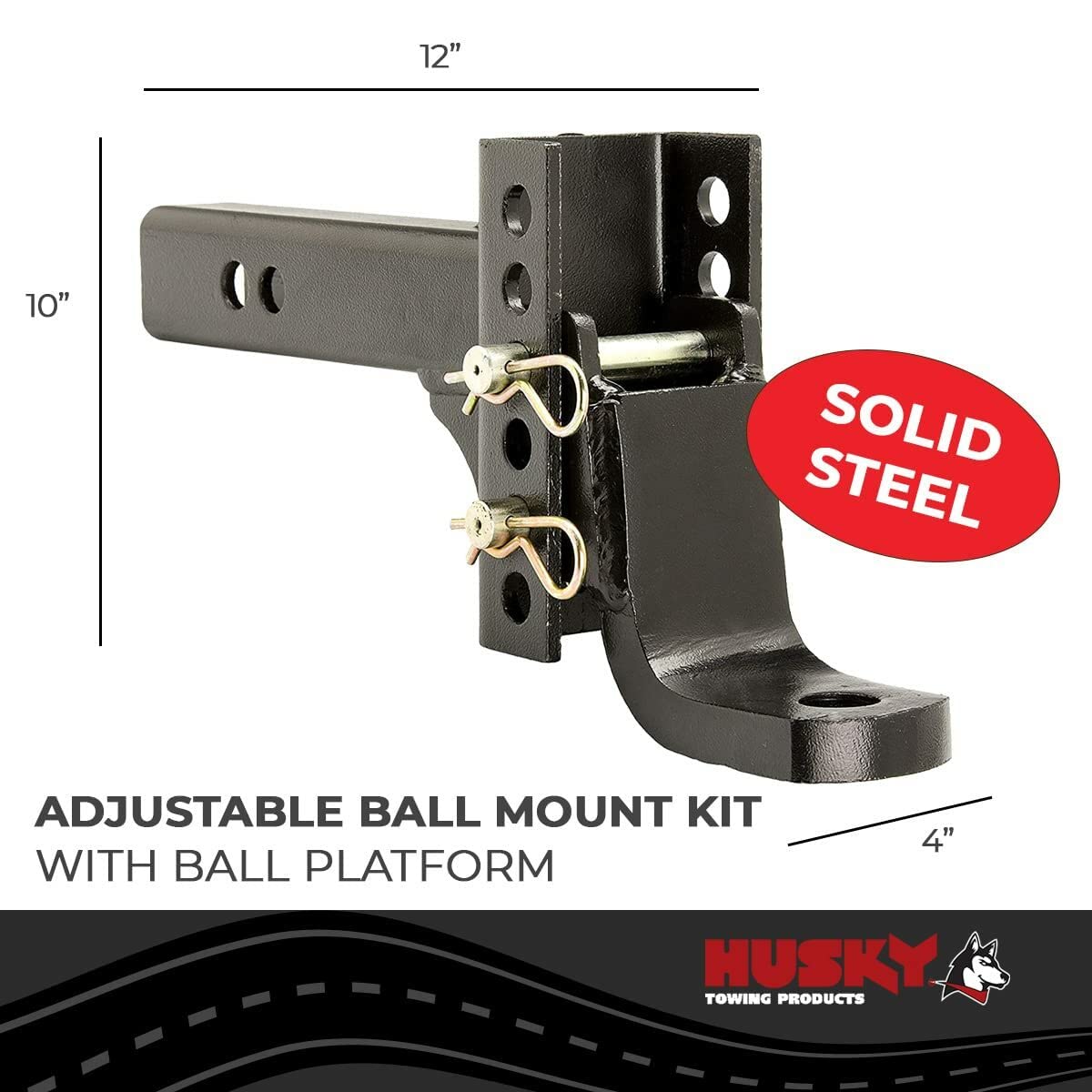 Trailer Hitch Ball Mount Husky Towing 33108 Class III/IV, 2 Inch Receiver Adjustable 6-3/4 Inch Drop / 5-1/4 Inch Rise 12 Inch Solid Steel Shank Accepts 1 Inch Ball Black Powder Coated Without Ball