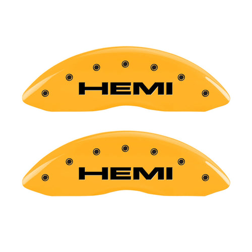 Compatible MGP Caliper Covers with 2011-2018 RAM 1500, 2019-2024 1500 Classic, 2013-23' 1500 Eco Diesel (Fits 18"+ Wheels) Powder-Coated Finish, 4 PCS Front and Rear (Yellow - Hemi Engraving)