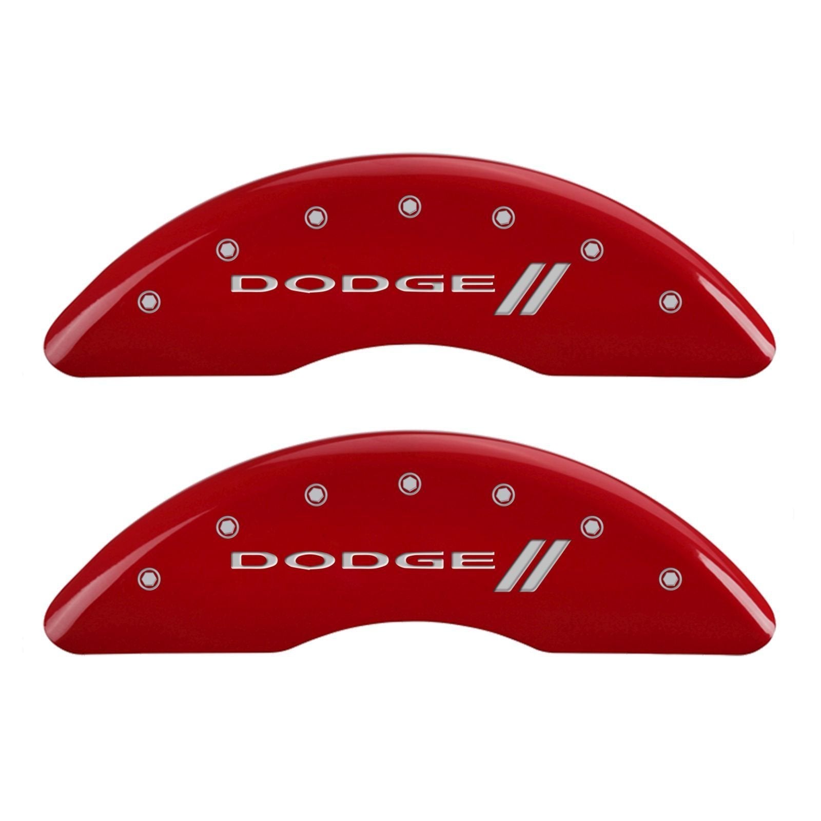 MGP Caliper Covers Red Powder Coat Finish 12124SDD3RD Front and Rear Caliper Cover, Set of 4 (With stripes/Dodge Silver Characters, Engraved)