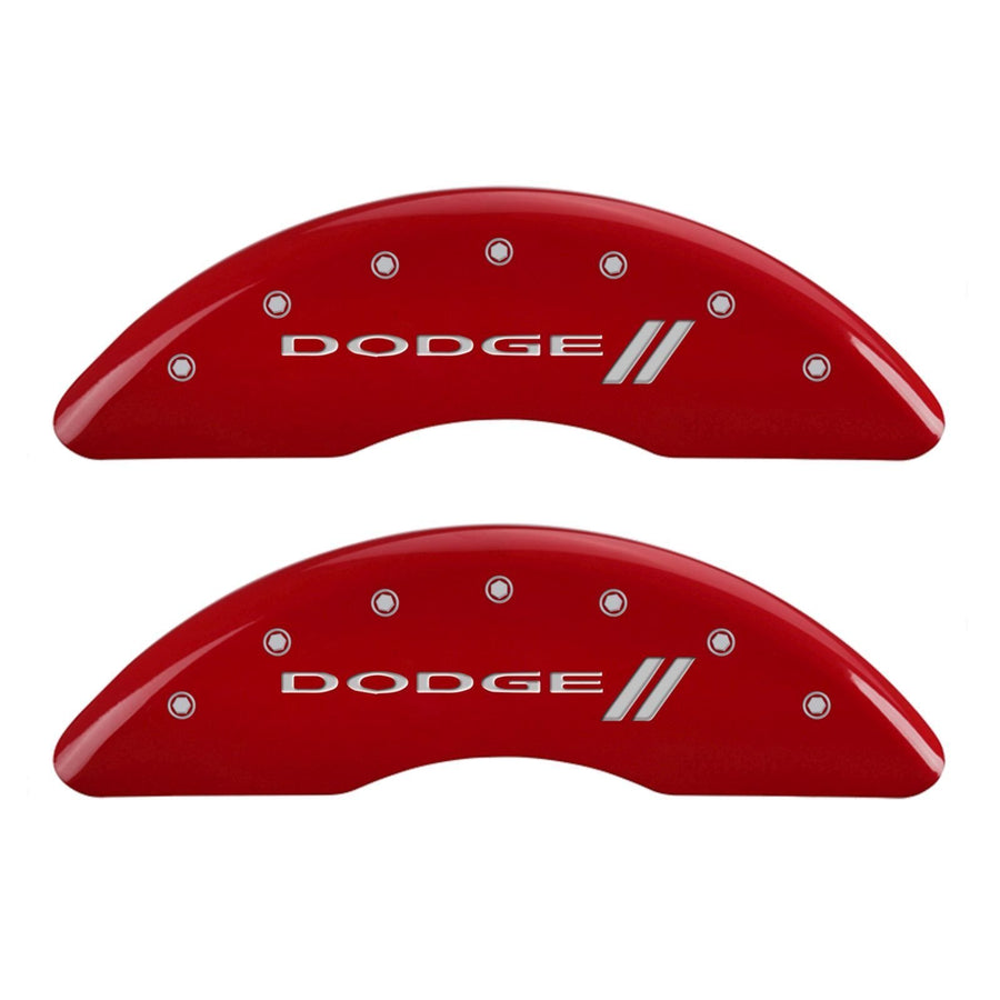 MGP Caliper Covers Red Powder Coat Finish 12124SDD3RD Front and Rear Caliper Cover, Set of 4 (With stripes/Dodge Silver Characters, Engraved)
