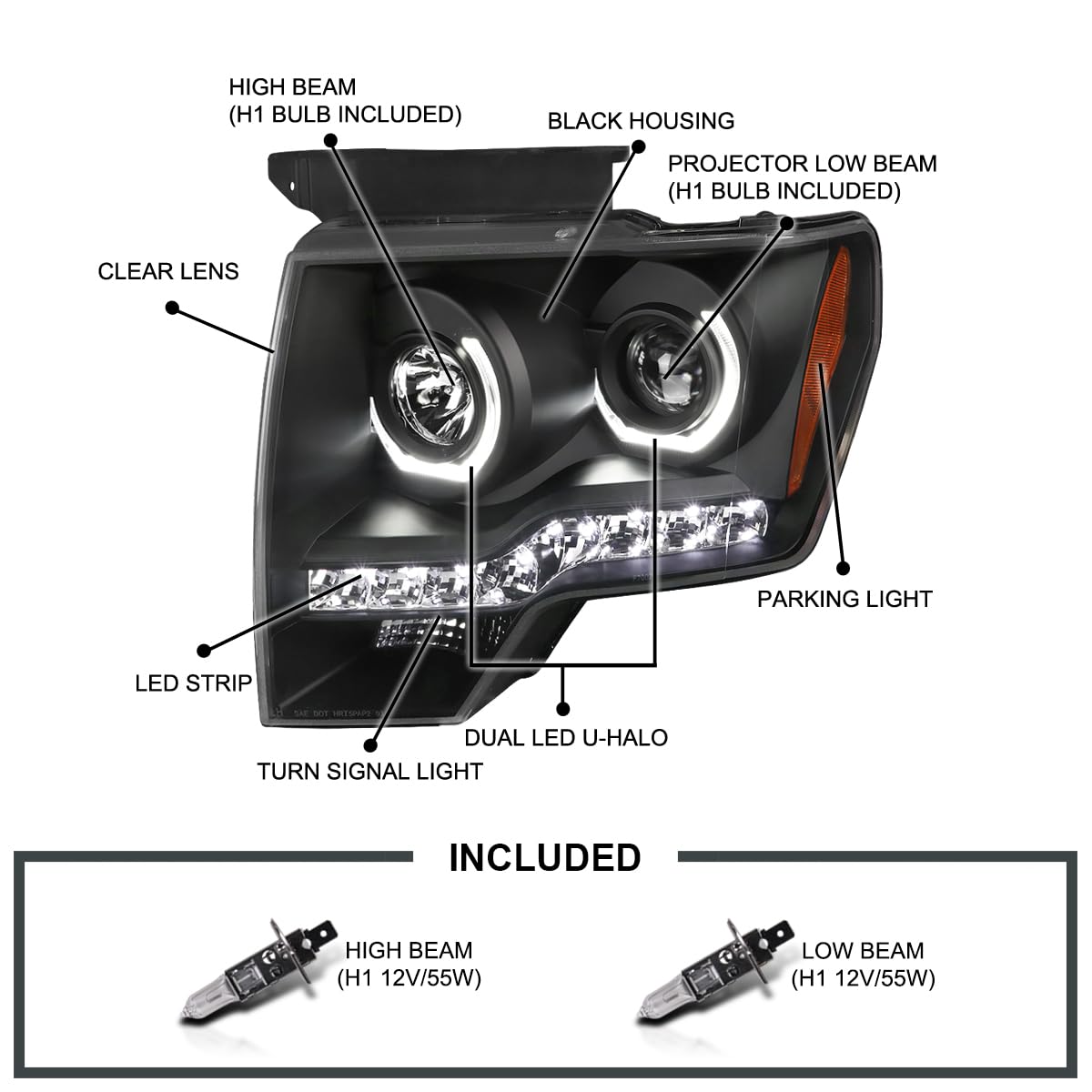 Dual U-Halo Rims Projector Headlights Spec-D Tuning Black Compatible with 2009-2014 Ford F150, Left + Right Pair Headlamps Assembly