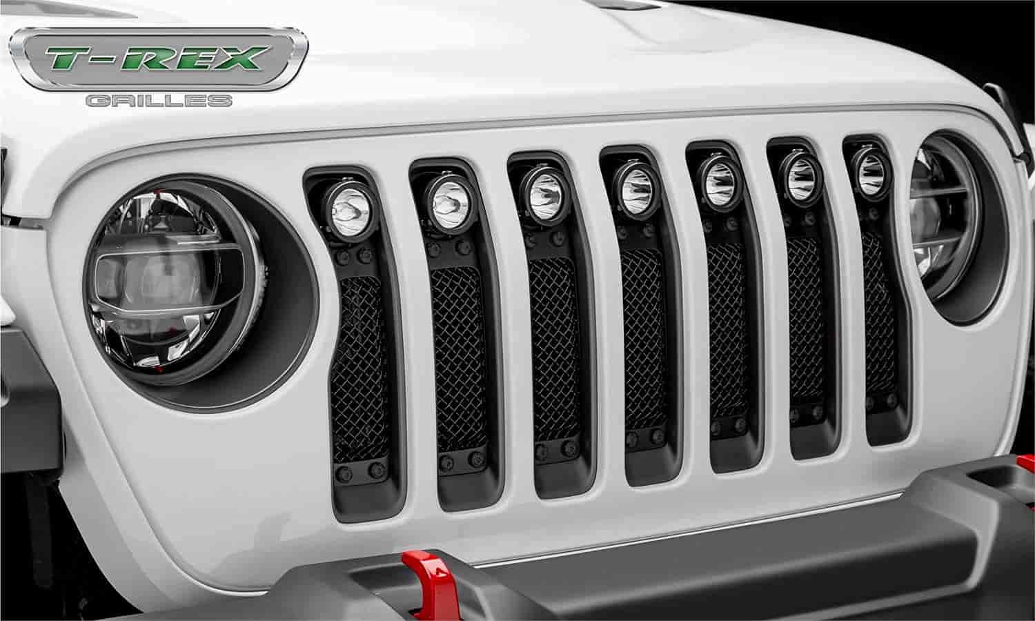 T-REX Stealth Torch Jeep Gladiator, JL Grille, Black, 1 Pc, Insert, Black Studs with (7) 2 Inch LED Round Lights, Does Not Fit Vehicles with Camera - PN #6314931-BR