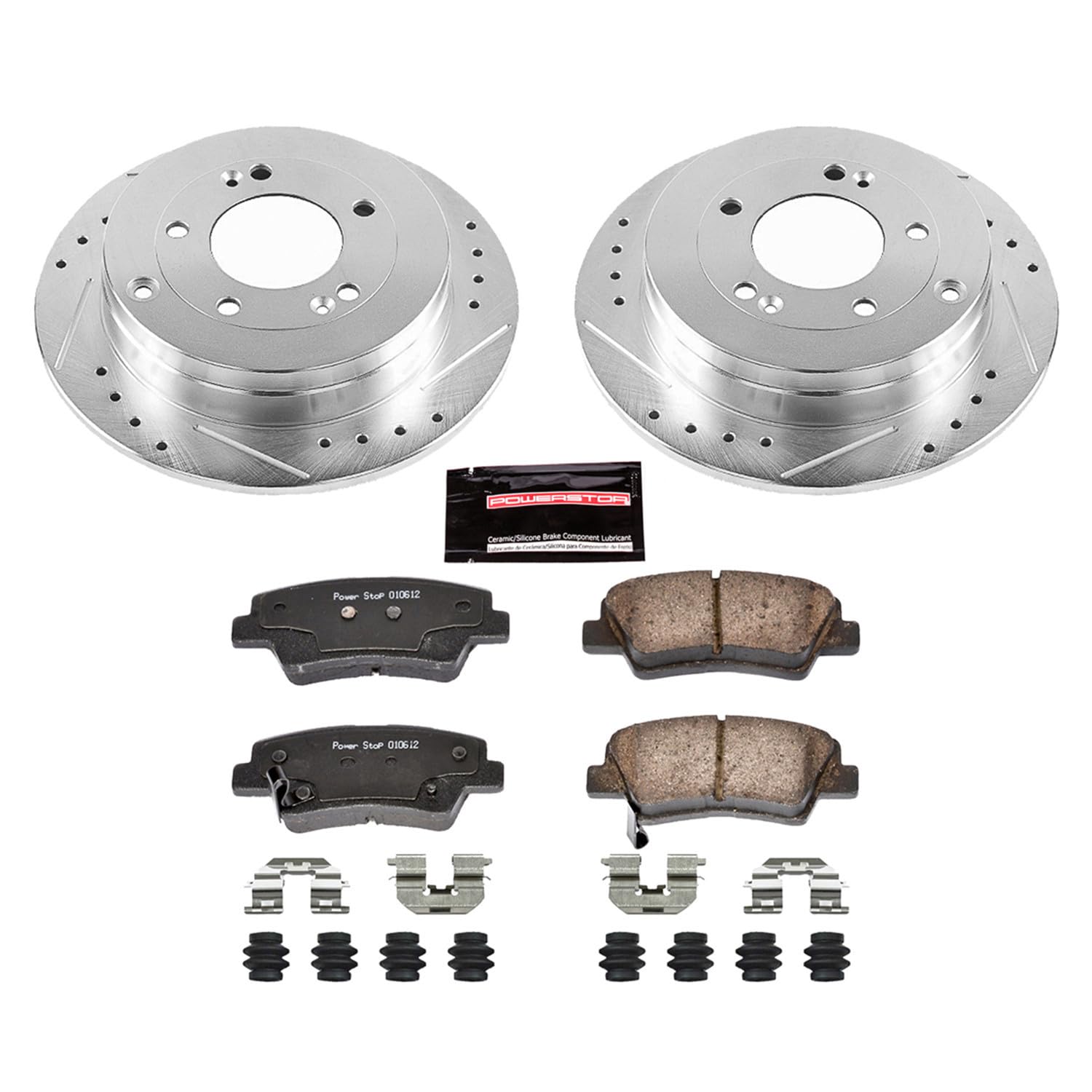 Power Stop K4710 Rear Brake Pads Z23 Carbon Fiber with Drilled & Slotted Brake Rotors Kit For Kia Amanti 2007-2009 [Model Specific]