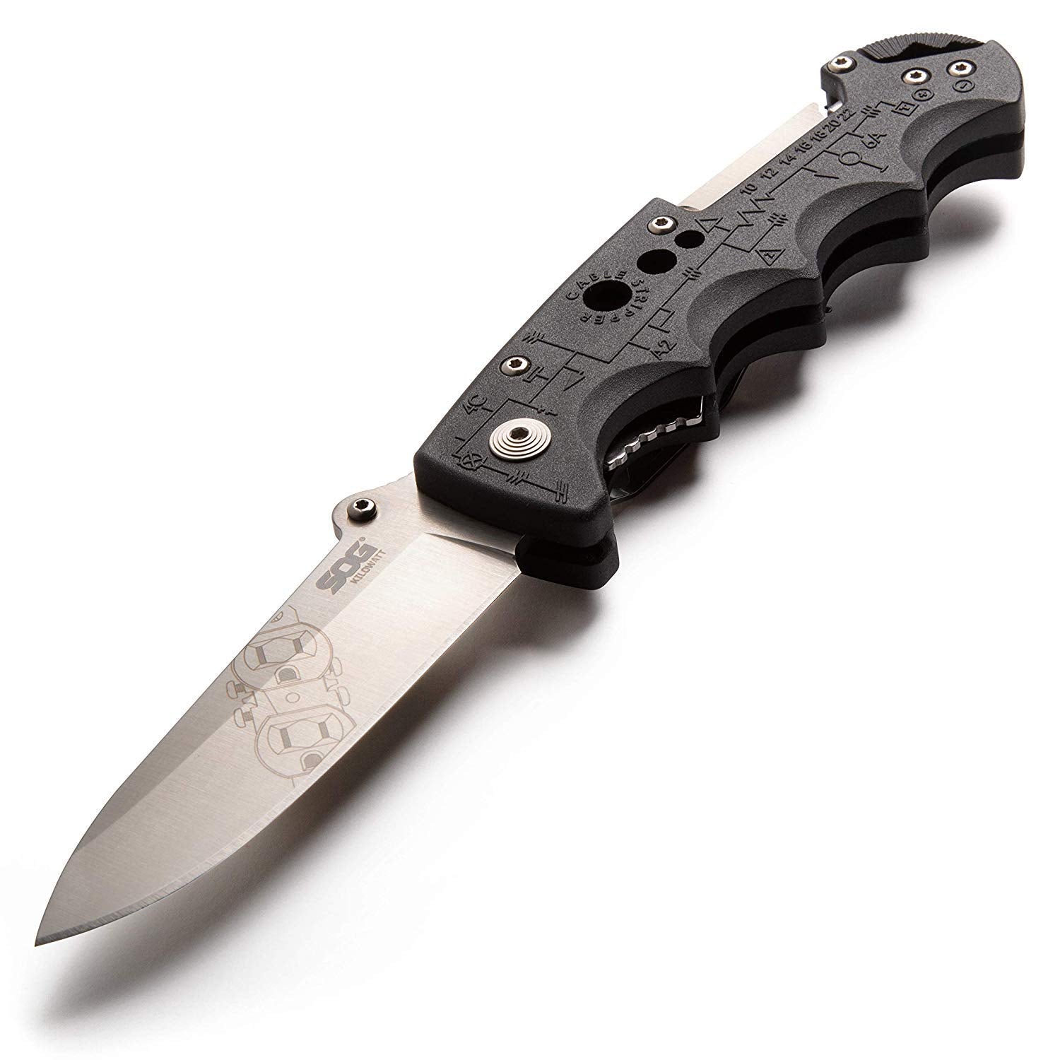SOG Electricians Kilowatt- Pocket Knife with Wire Stripping Multi-Tool and 3.4 Inch AUS-8 Blade, UTP 10-22G Wire Stripper Knife (EL01-CP), Black