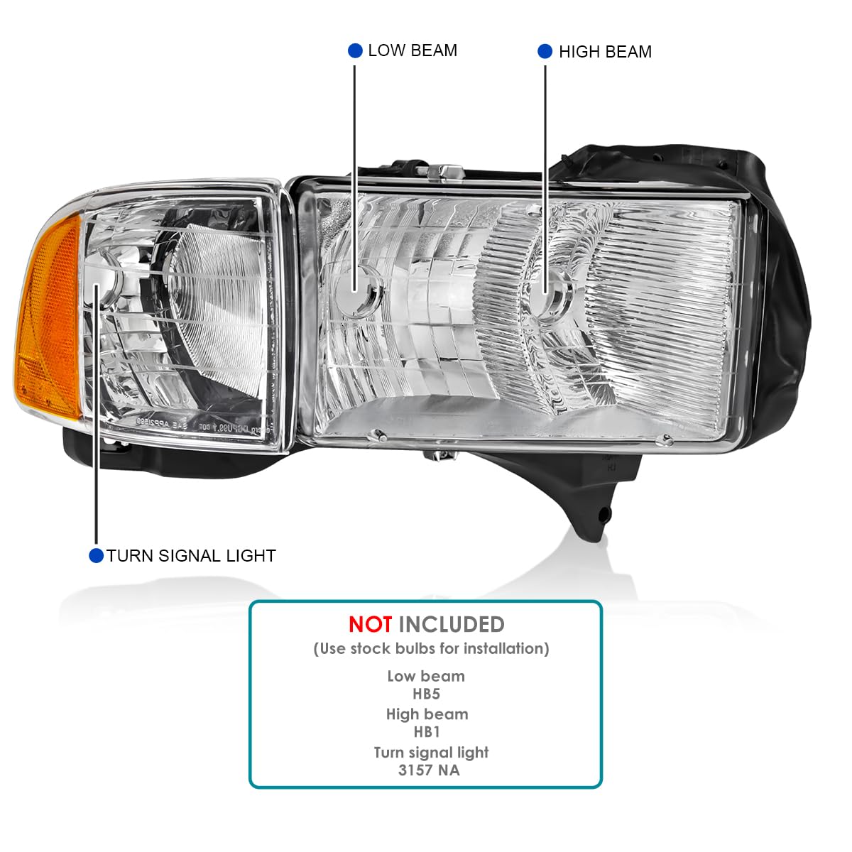 Chrome SPEC-D TUNING Replacement Headlights Compatible with 1999-2001 Dodge Ram 1500/2500 / 3500 Sport Package