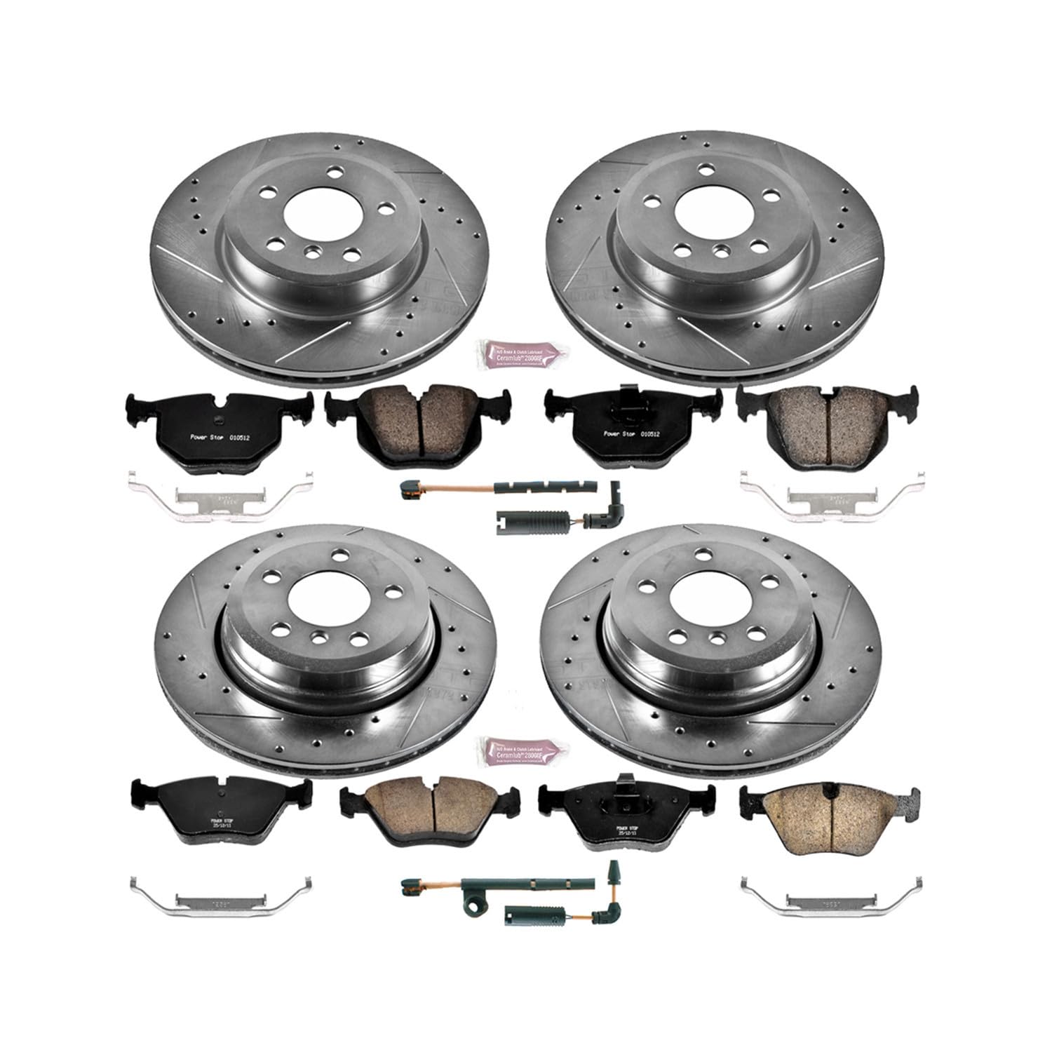 Power Stop K5737 Z23 Carbon Fiber Brake Pads Front and Rear with Drilled & Slotted Brake Rotors Kit and 1 Front & 1 Rear Sensor Wires For BMW X3 2004-2010 [Model Specific]