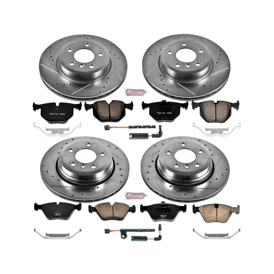 Power Stop K5737 Z23 Carbon Fiber Brake Pads Front and Rear with Drilled & Slotted Brake Rotors Kit and 1 Front & 1 Rear Sensor Wires For BMW X3 2004-2010 [Model Specific]