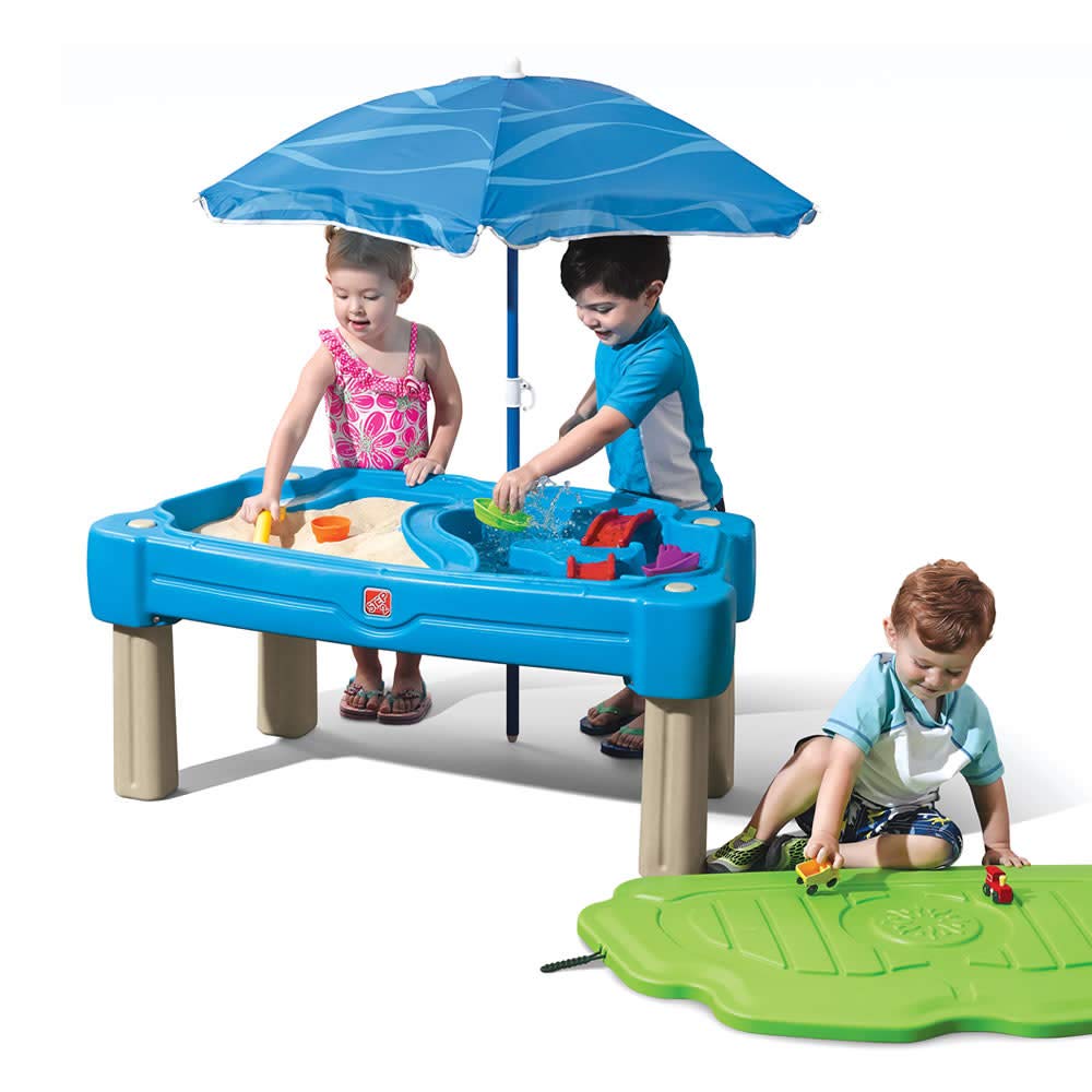Step2 Sand and Water Table Cascading Cove, Kids Activity Sensory Playset, Comes with Umbrella, Summer Outdoor Toys, 7 Piece Toy Accessories, For Toddlers 1.5+ Years Old