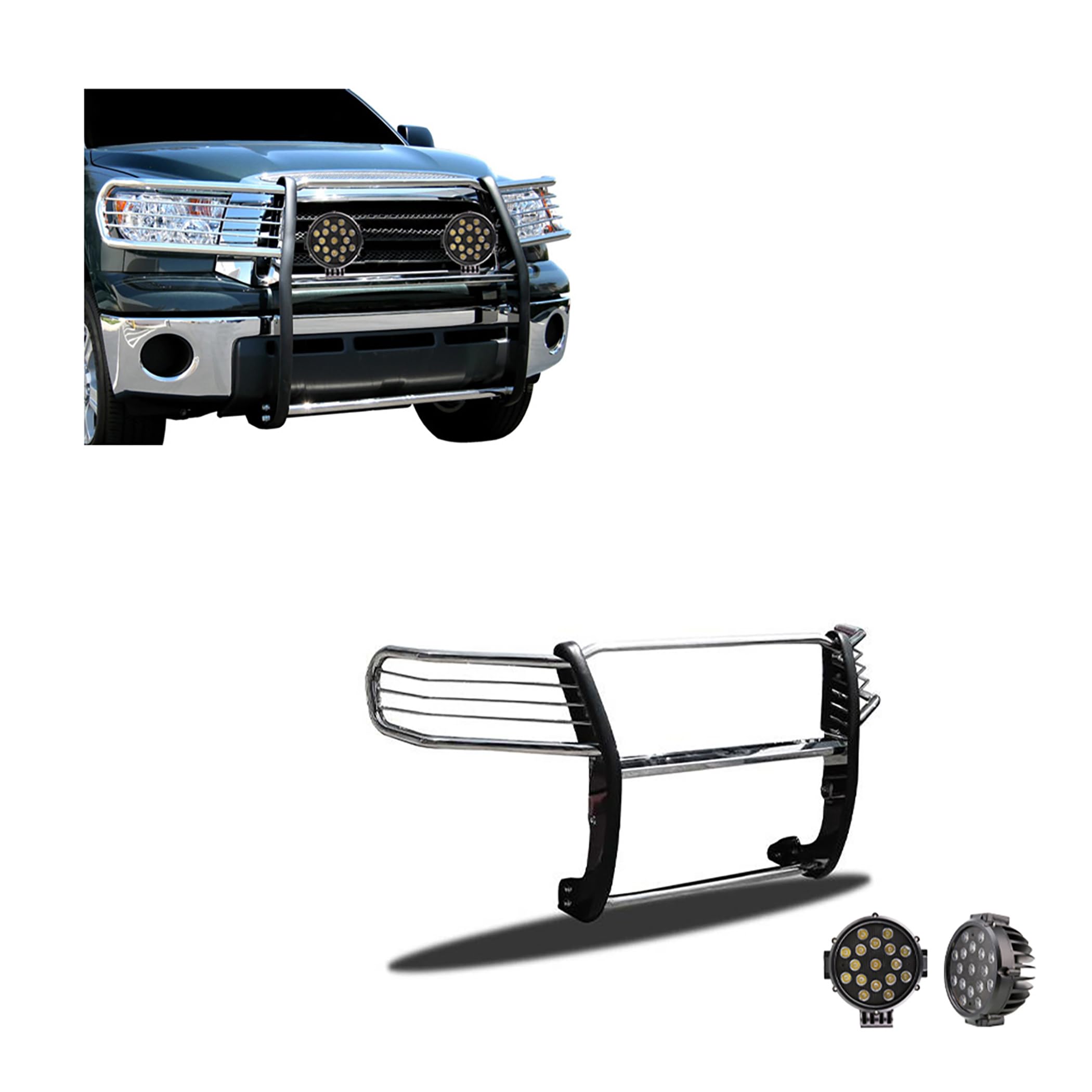 Bumper Guard Modular Black Horse Grille brush Stainless Steel Come With pair of 7.0"LED Lights with Black Trim Rings Compatible with 2008-2022 Toyota Sequoia|2007-2021 Toyota Tundra-17A098900MSS-PLB