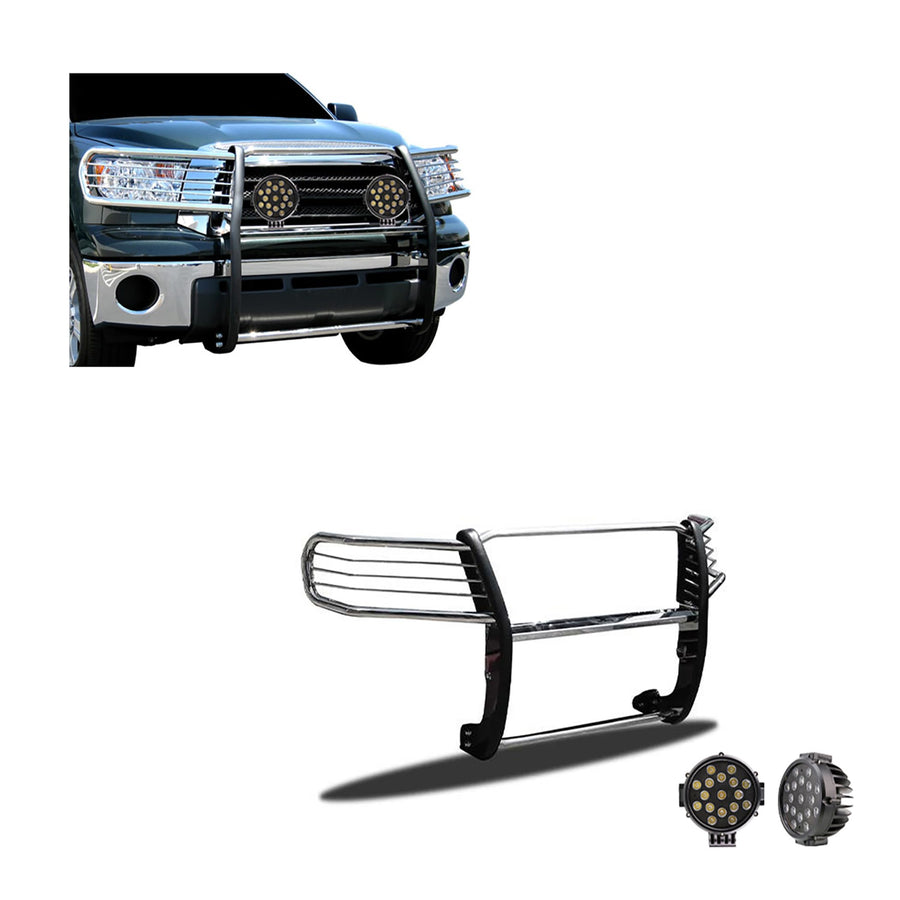 Bumper Guard Modular Black Horse Grille brush Stainless Steel Come With pair of 7.0"LED Lights with Black Trim Rings Compatible with 2008-2022 Toyota Sequoia|2007-2021 Toyota Tundra-17A098900MSS-PLB