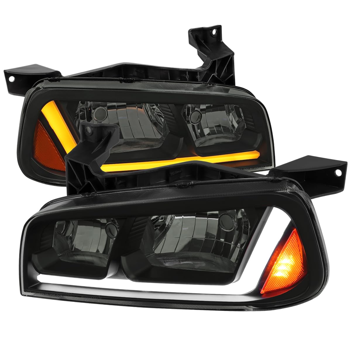 Black Smoke SPEC-D TUNING Headlights w/Fiber Optic LED Strip and Turn Signal Light Compatible with 2006-2010 Dodge Charger 4Dr Sedan, Left + Right Pair Headlamp Assembly