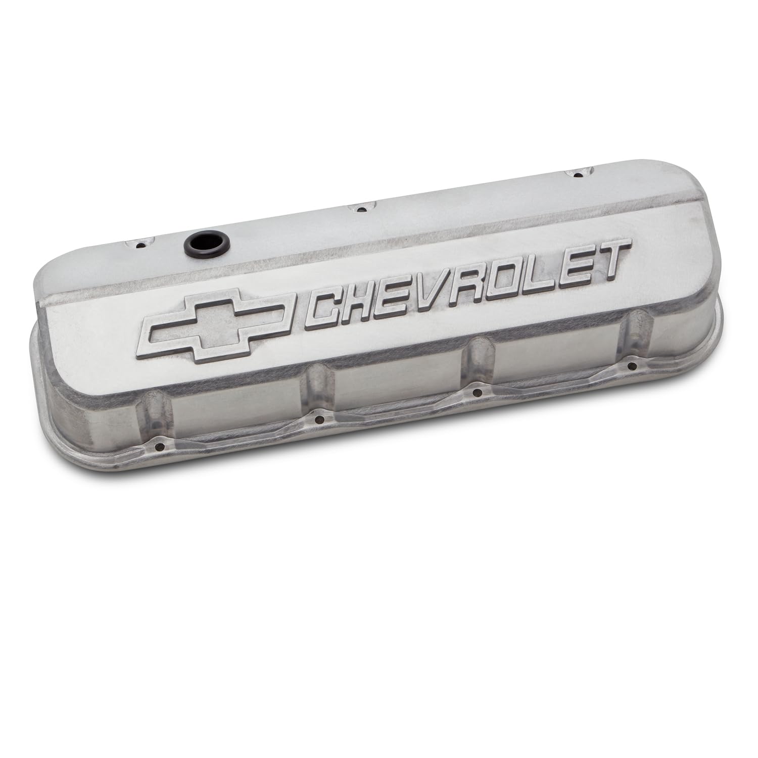 Proform Slant-Edge Valve Cover, Tall, Baffled, Breather Hole, Raised Chevrolet Logo, Aluminum, Natural