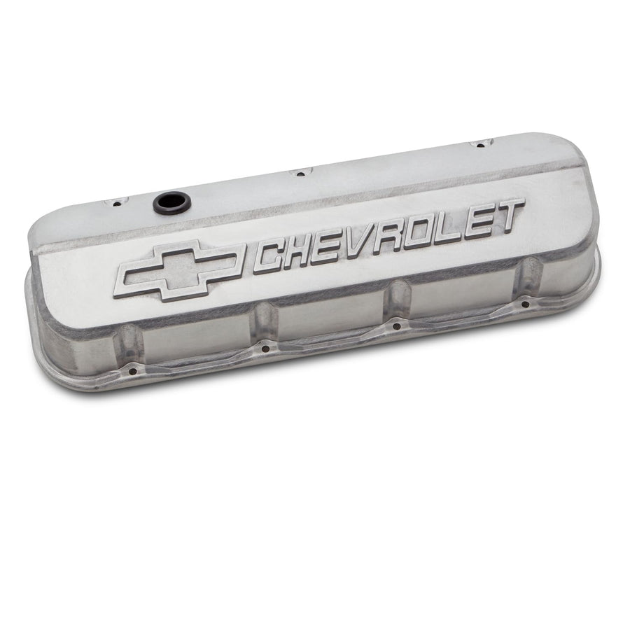 Proform Slant-Edge Valve Cover, Tall, Baffled, Breather Hole, Raised Chevrolet Logo, Aluminum, Natural