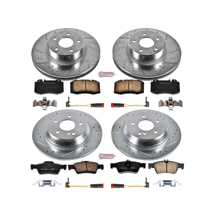 Power Stop K2817 Z23 Carbon Fiber Brake Pads Front and Rear with Drilled & Slotted Brake Rotors Kit and 2 Front & 2 Rear Sensor Wires For Mercedes-Benz S, Mercedes-Benz S500 [Model Specific]