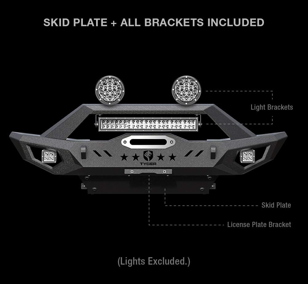 TYGER FURY Front Bumper w/Skid Plate Winch Plate Compatible with 2007-2026 Jeep Wrangler JK/JL; 2020-2026 Gladiator | Textured Black Tyger Auto TG-BP6J80068