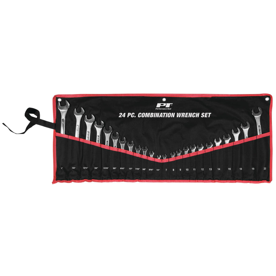 W1074 Performance Tool 24 pc. SAE and Metric Combo Wrench Set: 1/4-in to 1-in and 7-22mm sizes, Made of Heat-Treated Steel, Raised Panel Design, Black Roll Pouch for Easy Storage