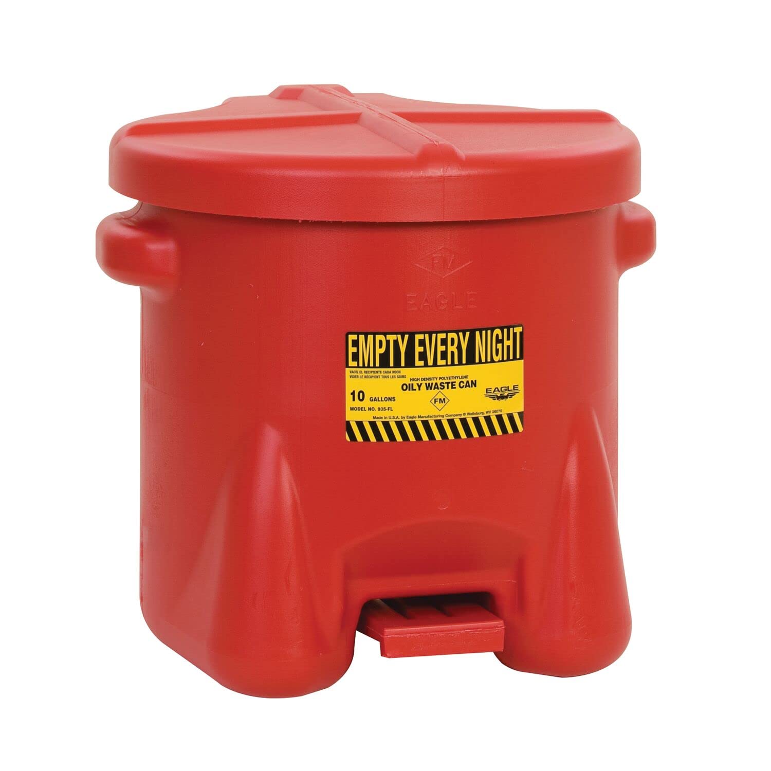 Eagle Oily Waste 935-FL Polyethylene Safety Can with Foot Lever, 10 Gallon Capacity, Red