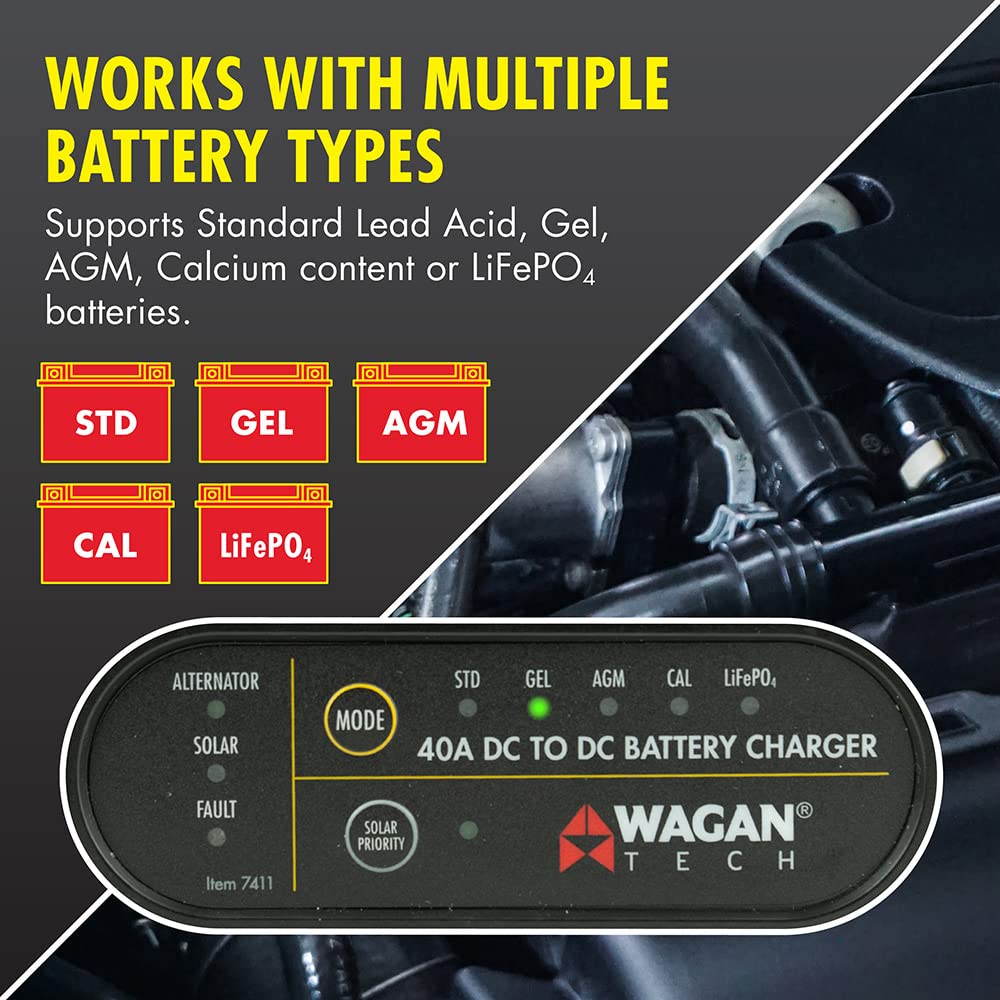 Wagan 12V EL7411 40A DC to DC Battery Charger with Solar Input MPPT Controller for SLA, Flooded, Gel, AGM, Calcium and Lithium, Using Multi-Stage Charging in RVs, Vehicles, Boats and Yachts