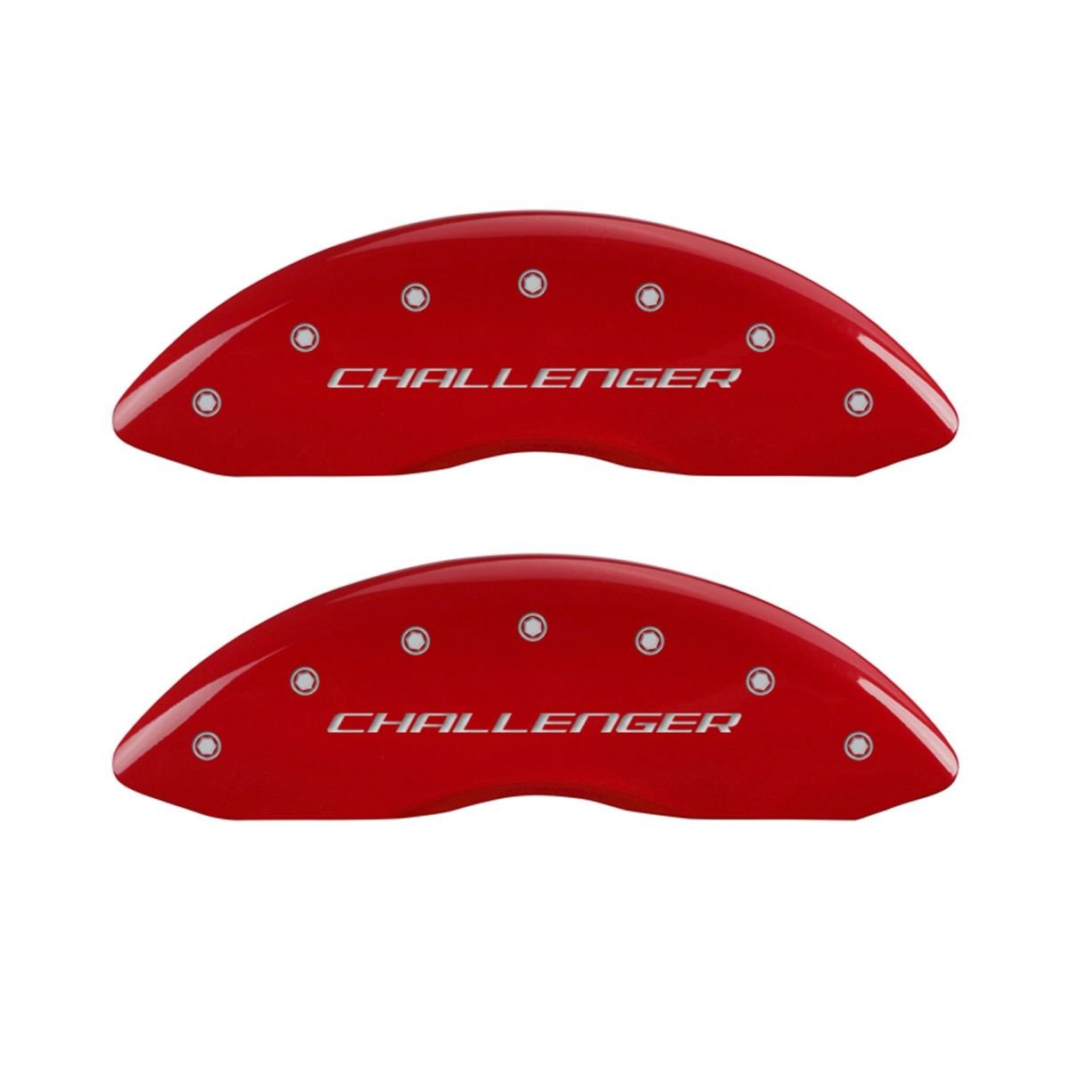 SET OF 4 CALIPER COVERS, FRONT: BLOCK/CHALLENGER- REAR: RT/VINTAGE STYLE, RED, SILVER CHARACTERS